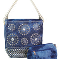 One Handle Denim Purse w/ Stone Circles & Woven Bottom