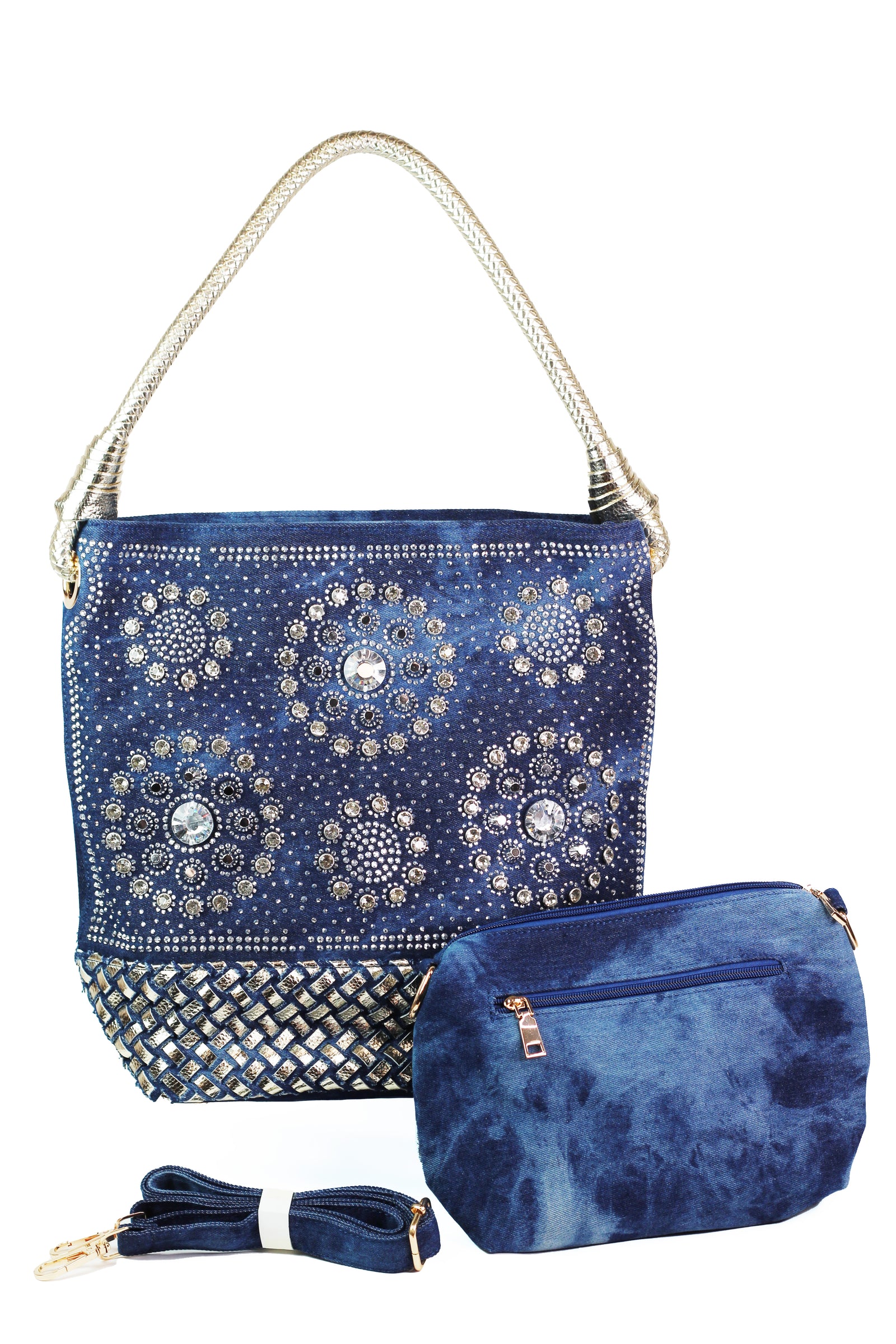 One Handle Denim Purse w/ Stone Circles & Woven Bottom