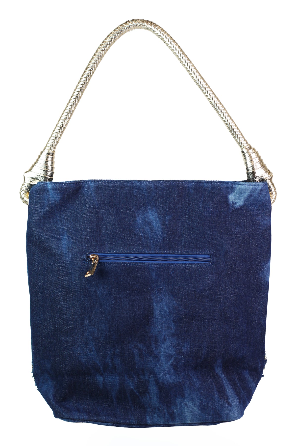 One Handle Denim Purse w/ Stone Circles & Woven Bottom