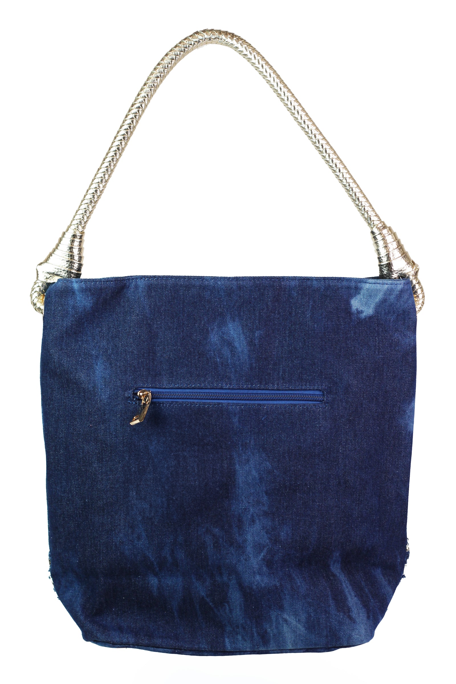 One Handle Denim Purse w/ Stone Circles & Woven Bottom
