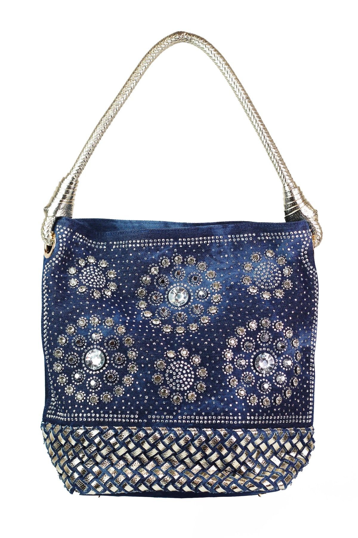 One Handle Denim Purse w/ Stone Circles & Woven Bottom