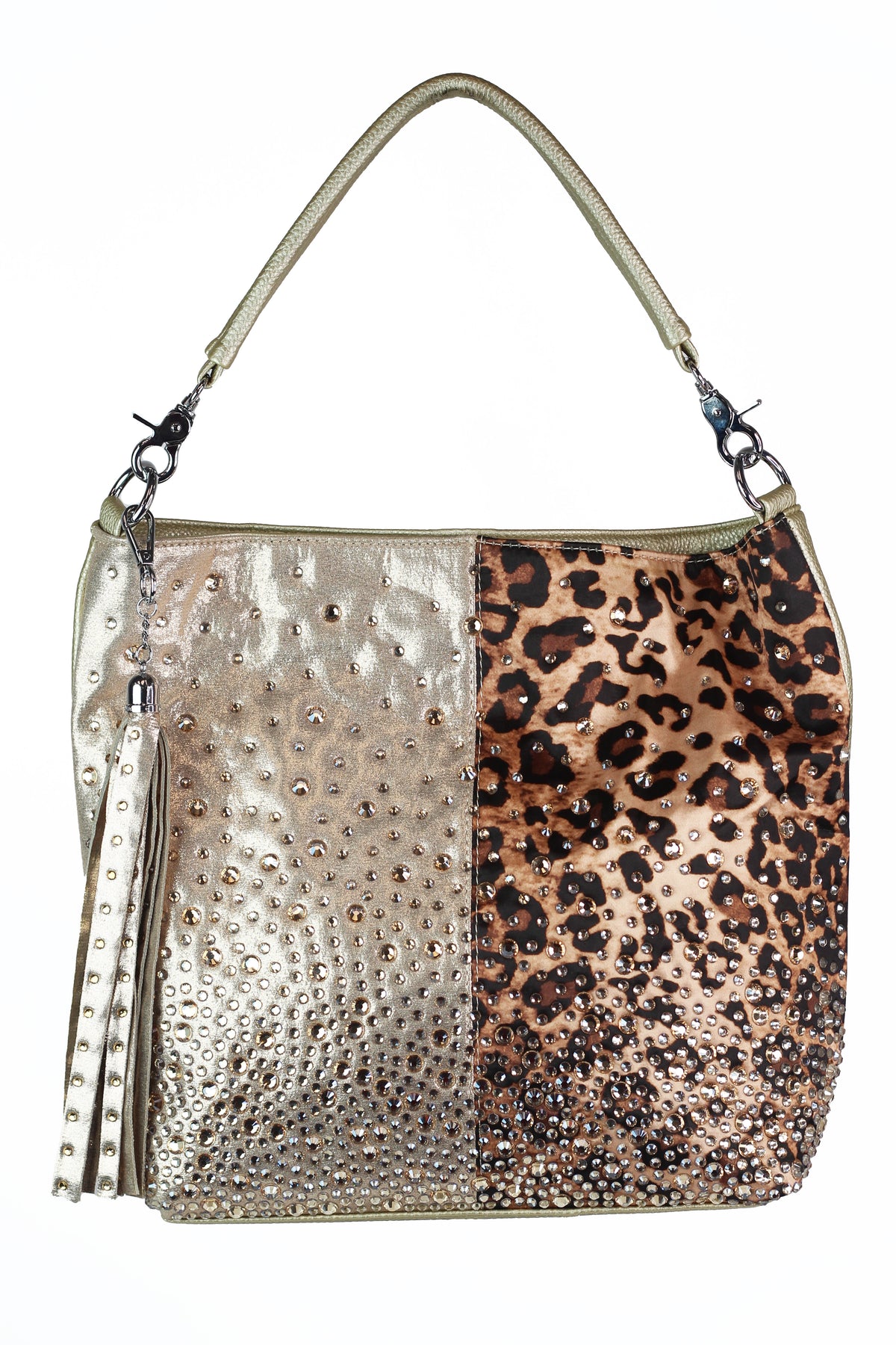 Half Leopard Half Shimmer Purse w/ Rhinestones &amp; Tassel
