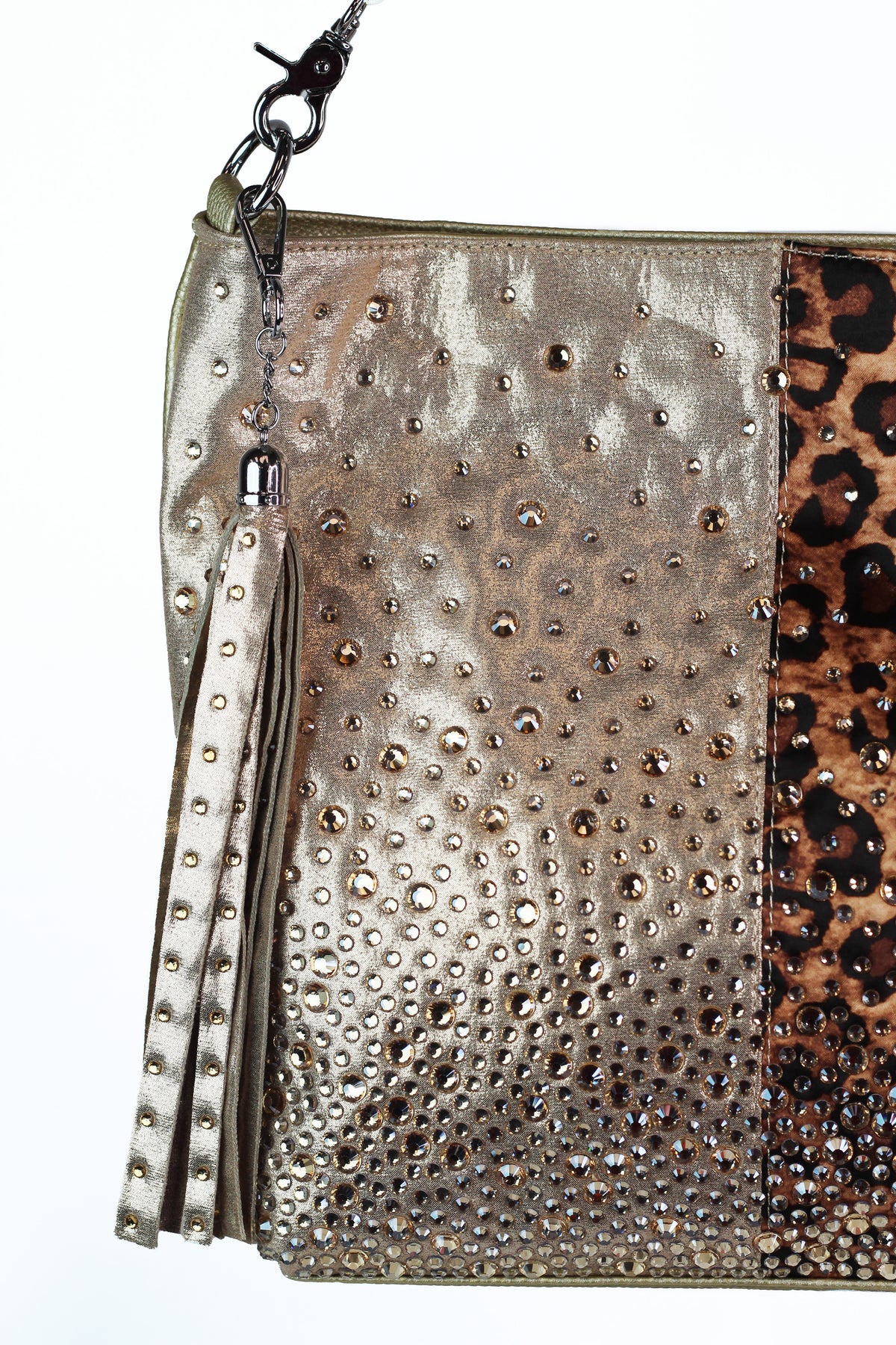 Half Leopard Half Shimmer Purse w/ Rhinestones & Tassel