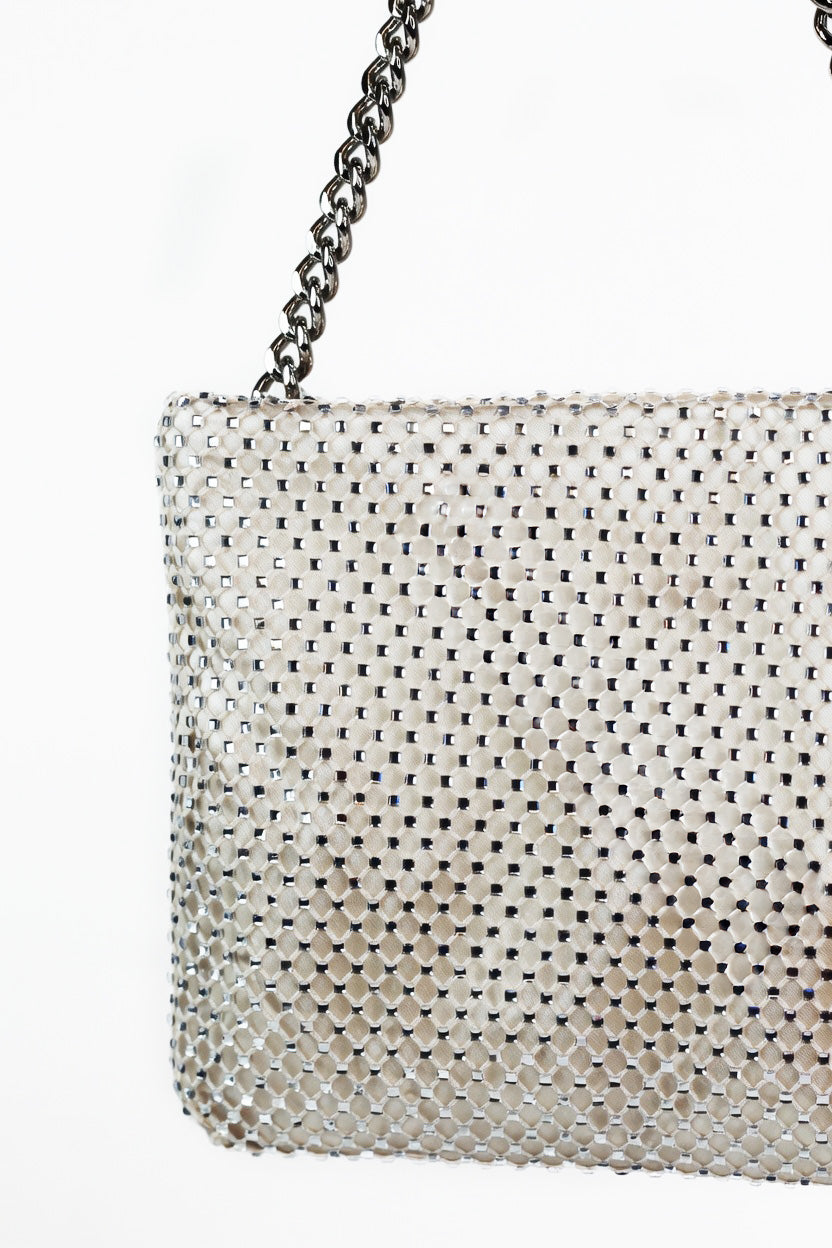 Rhinestone Mesh Covered Satin Pouch w/ Chain Strap