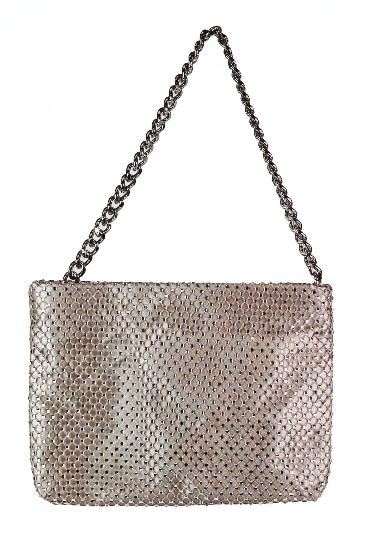 Rhinestone Mesh Covered Satin Pouch w/ Chain Strap