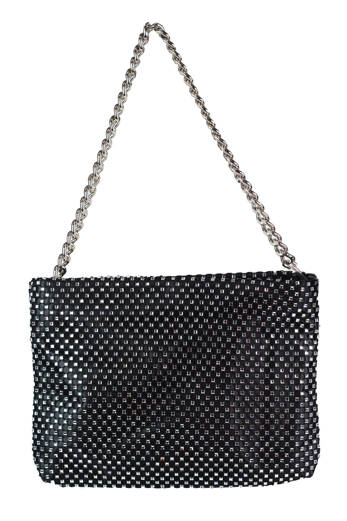 Rhinestone Mesh Covered Satin Pouch w/ Chain Strap