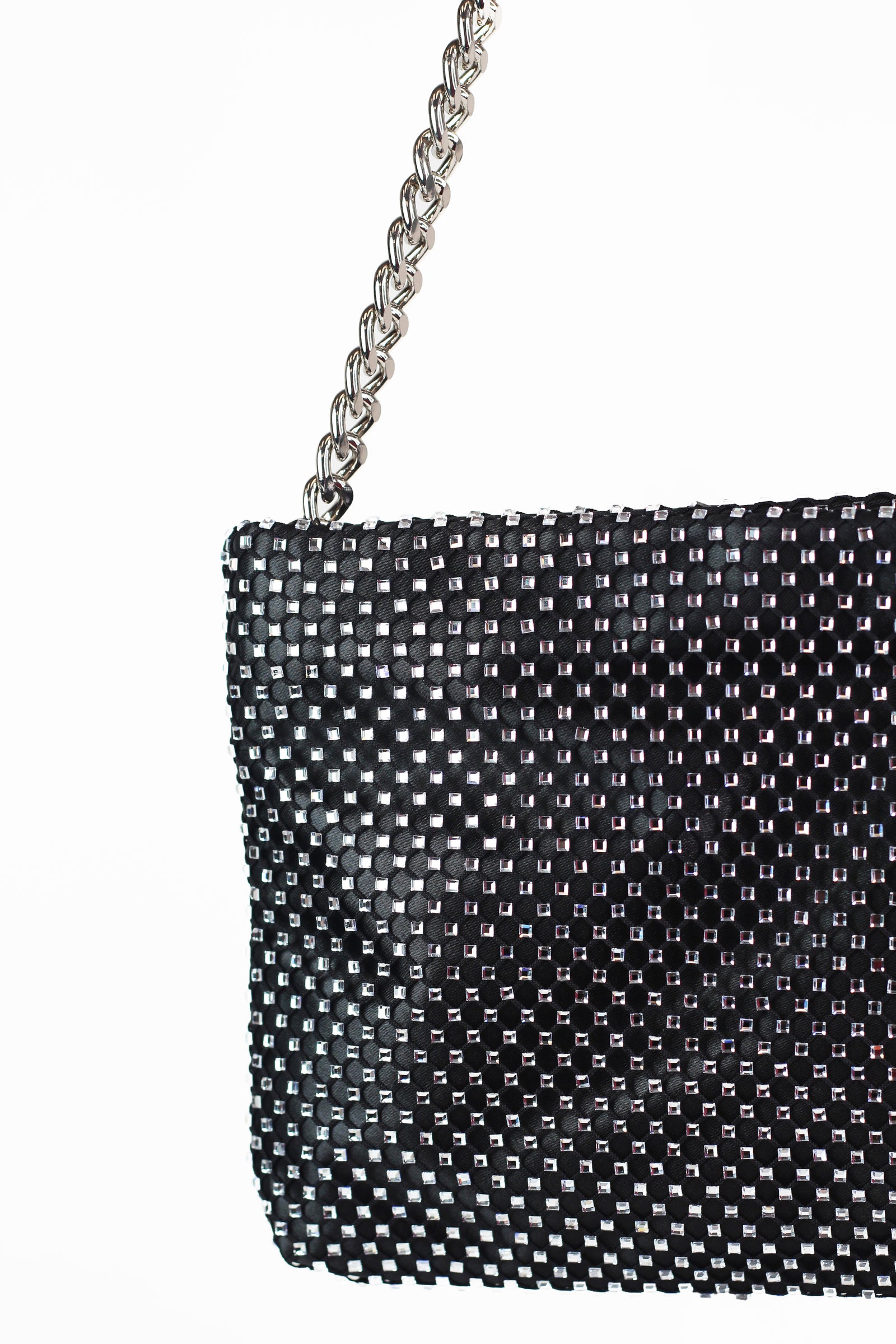 Rhinestone Mesh Covered Satin Pouch w/ Chain Strap