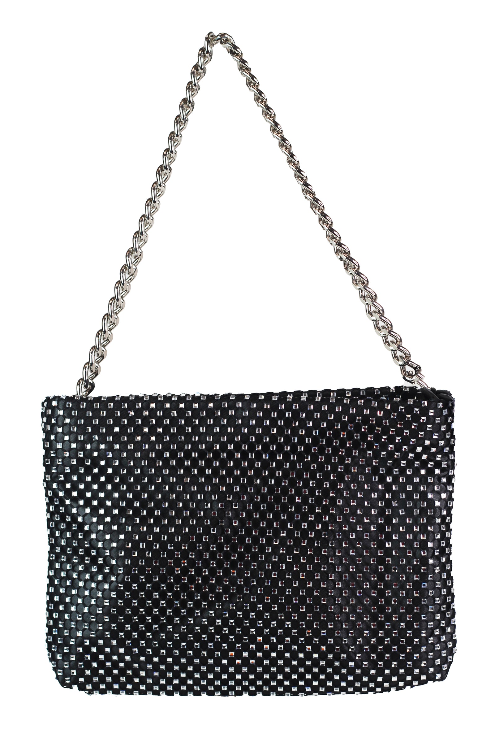 Rhinestone Mesh Covered Satin Pouch w/ Chain Strap