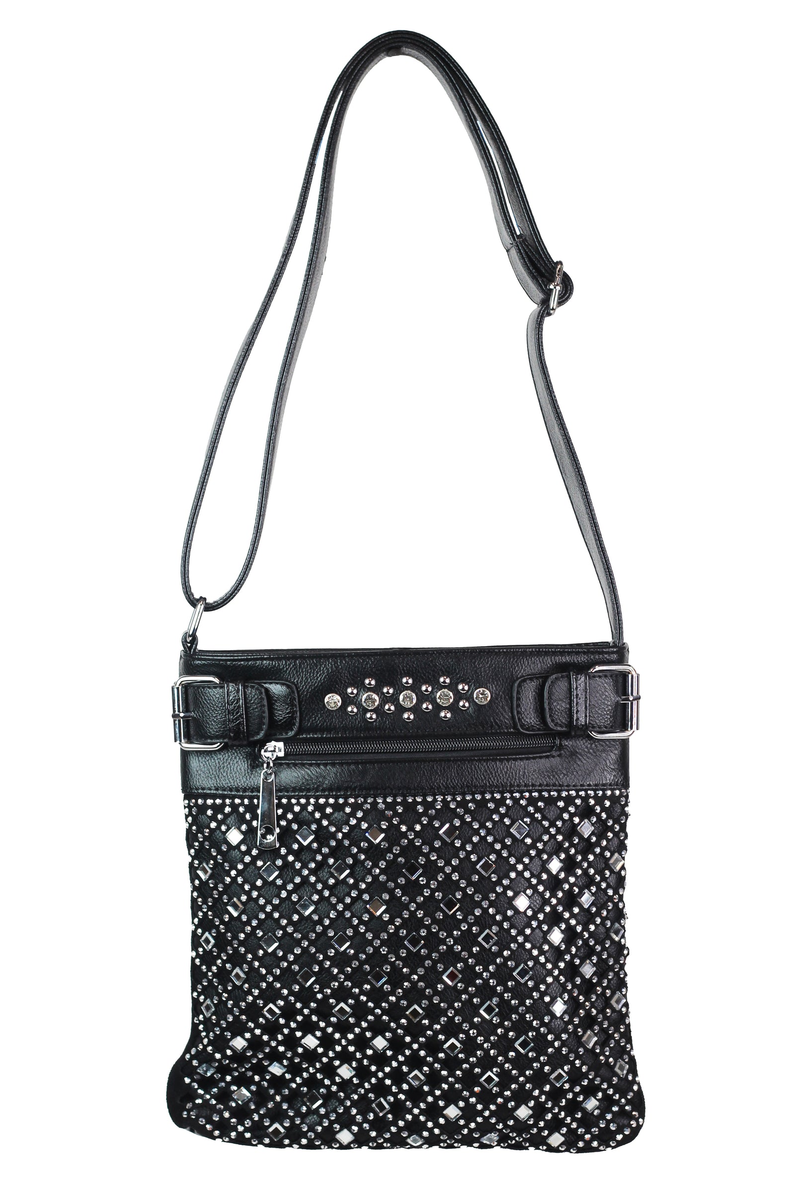 Diamond Cutouts and Square & Round Stones Front Messenger Bag