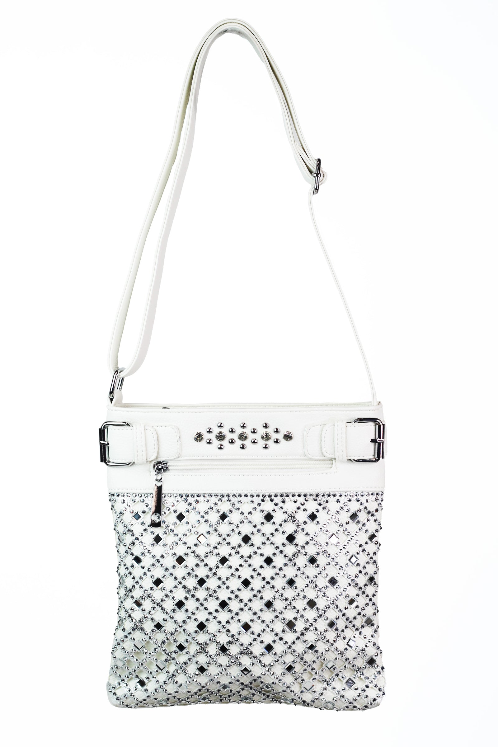 Diamond Cutouts and Square & Round Stones Front Messenger Bag