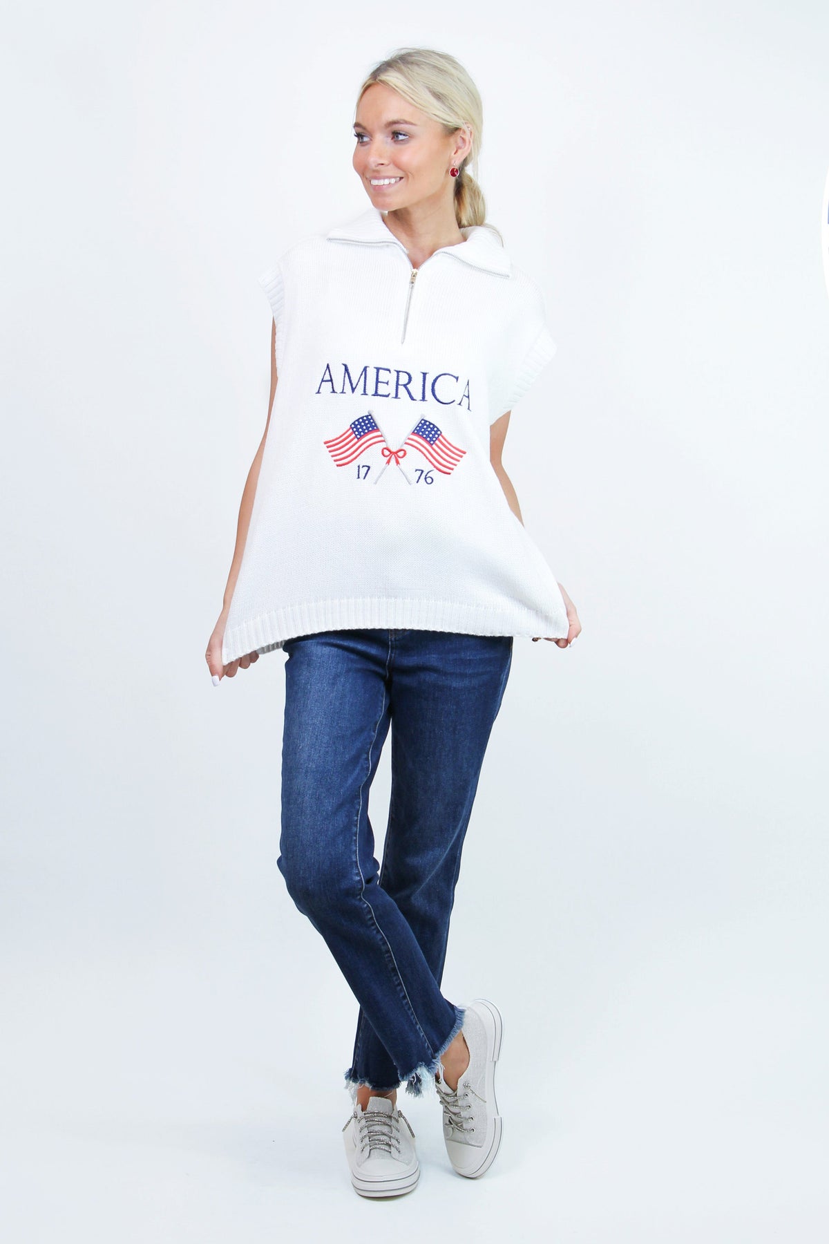 American Flag Sleeveless Half Zip Sweater Knit Top(SALE)