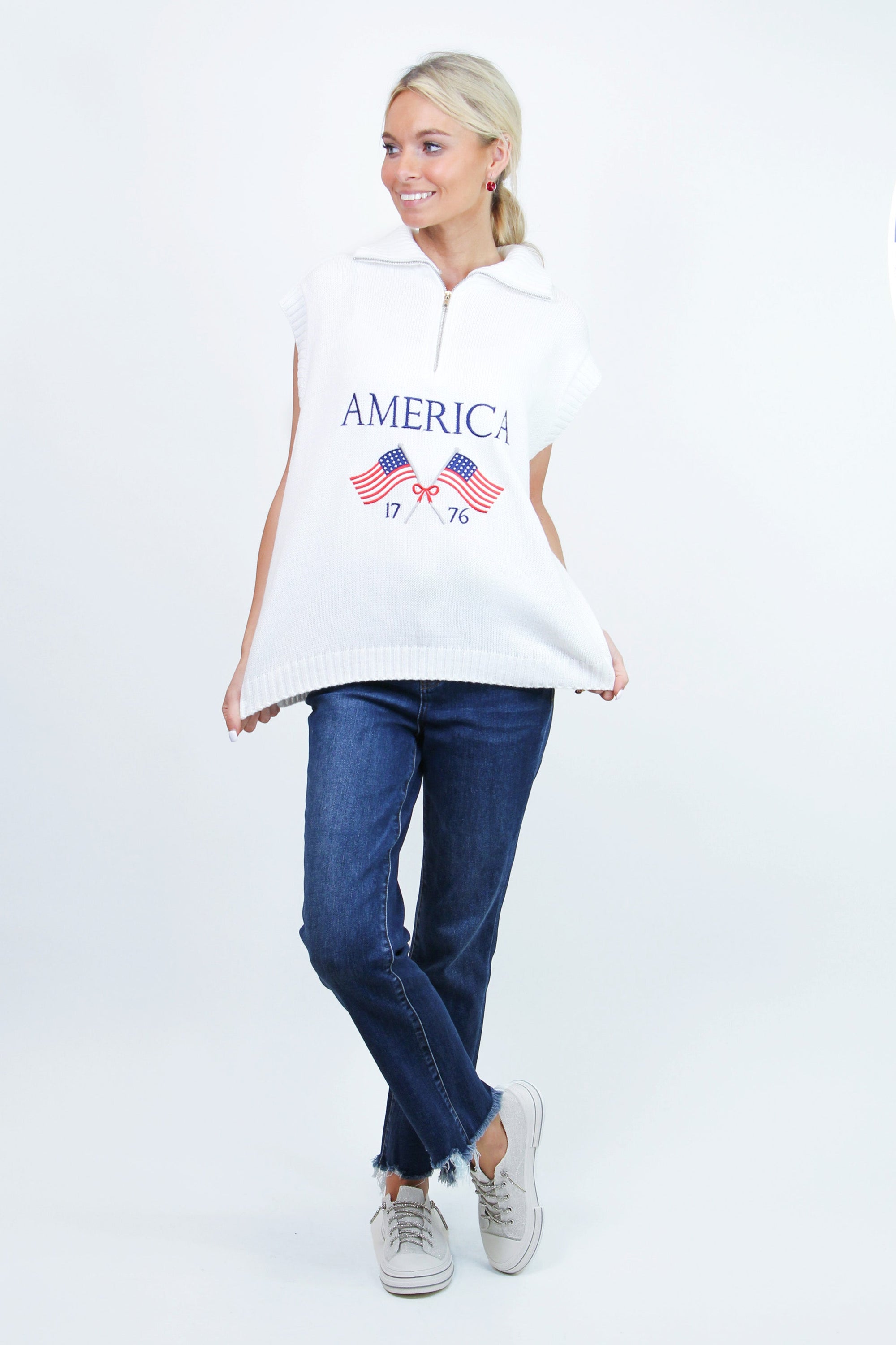 American Flag Sleeveless Half Zip Sweater Knit Top(SALE)