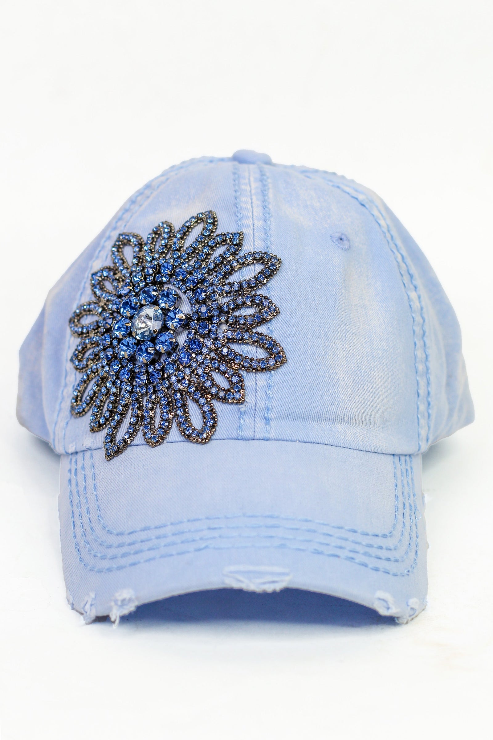 Rhinestone Sunflower Distressed Baseball Cap