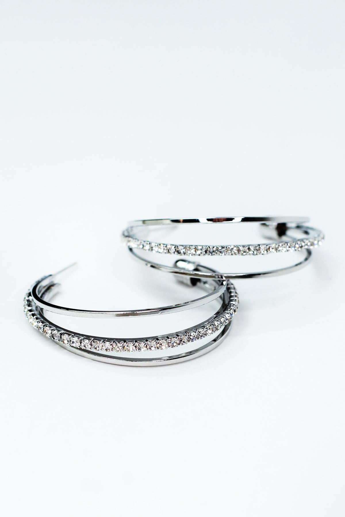 Open Metal Hoop Earrings w/ Pave Middle Row