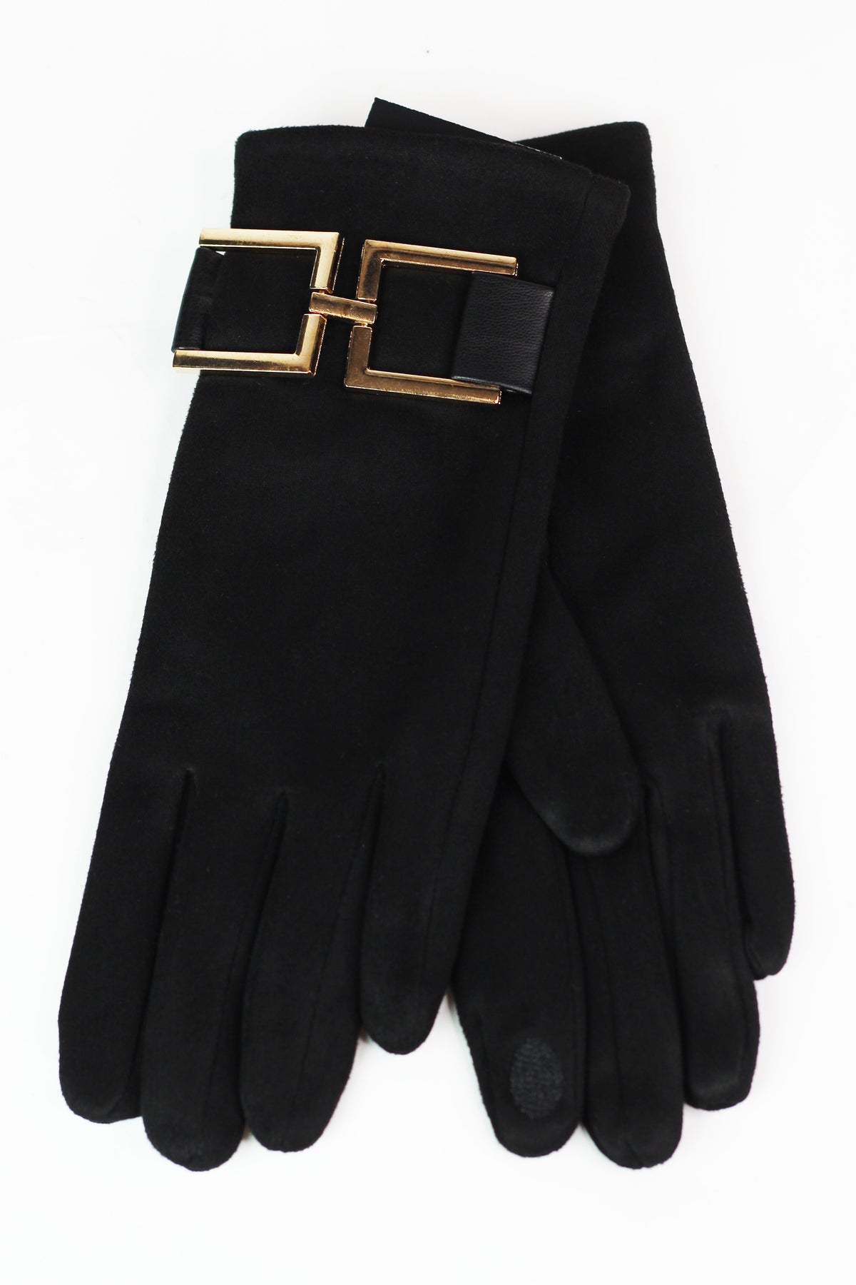 Faux Suede Gloves w/ Square Buckle Trim