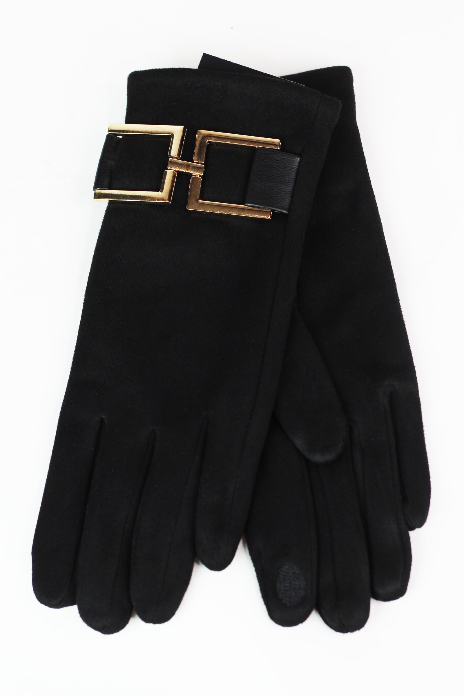 Faux Suede Gloves w/ Square Buckle Trim