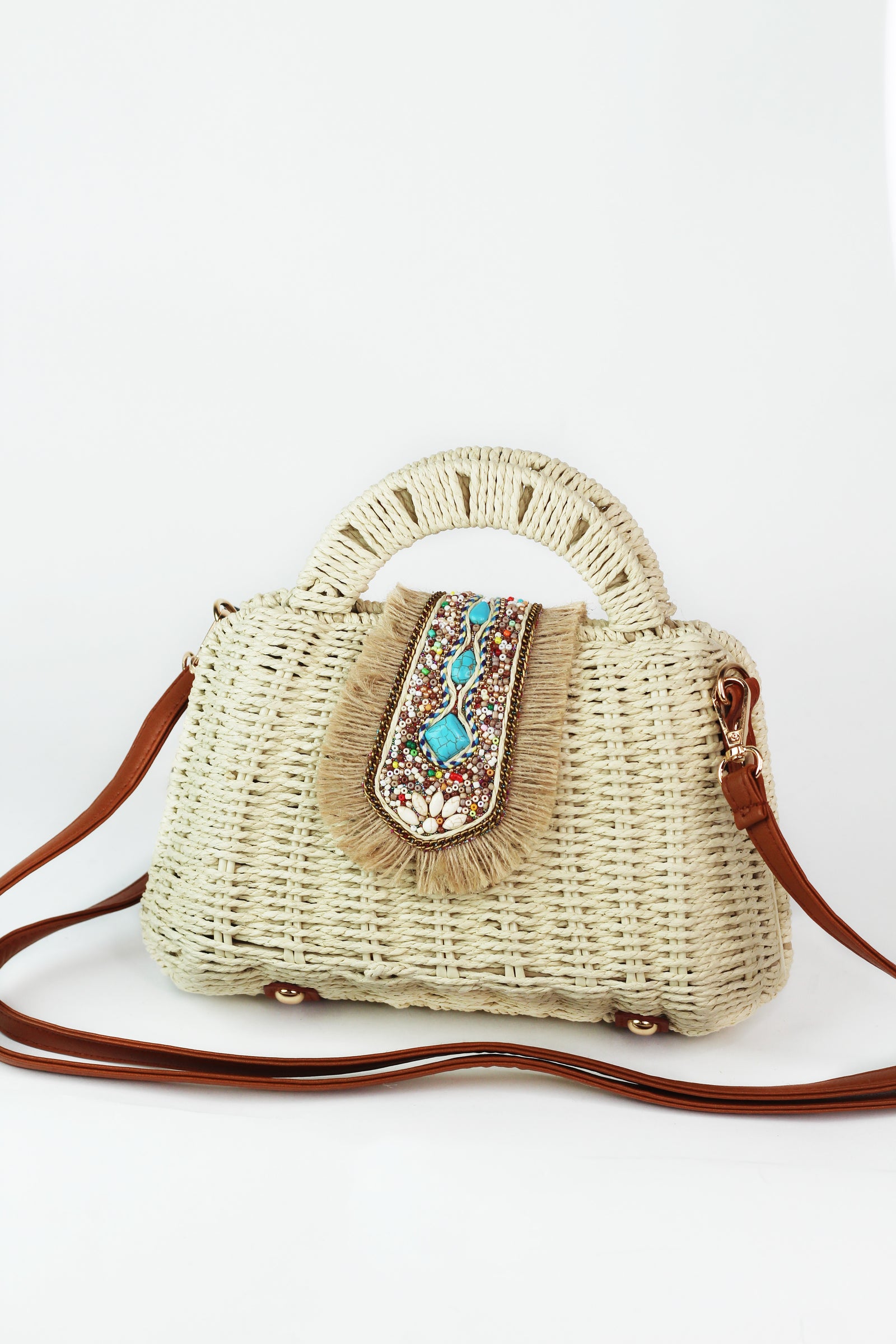 Boho Woven Straw Purse w/ Fringe & Bead Closure