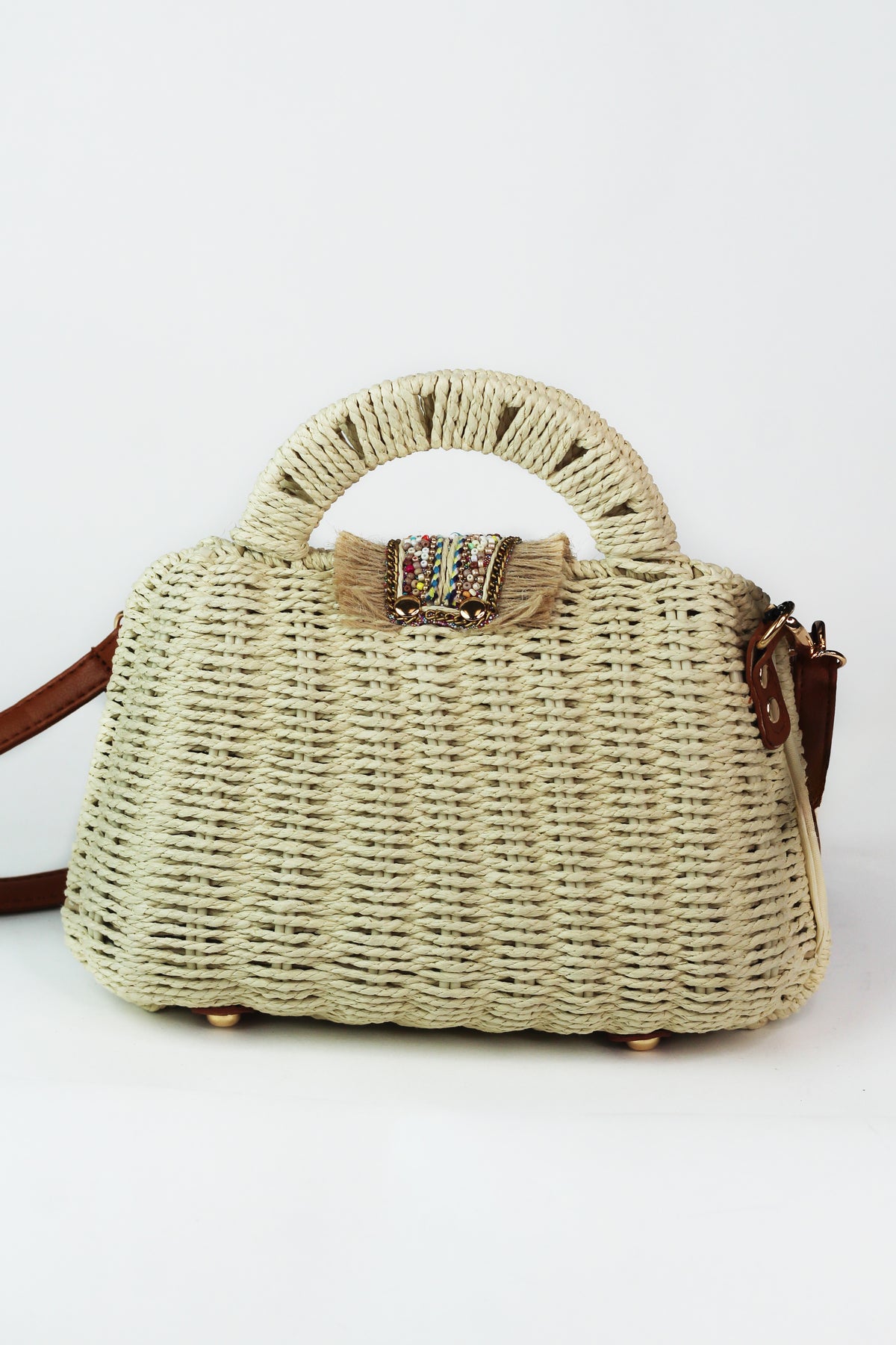 Boho Woven Straw Purse w/ Fringe & Bead Closure