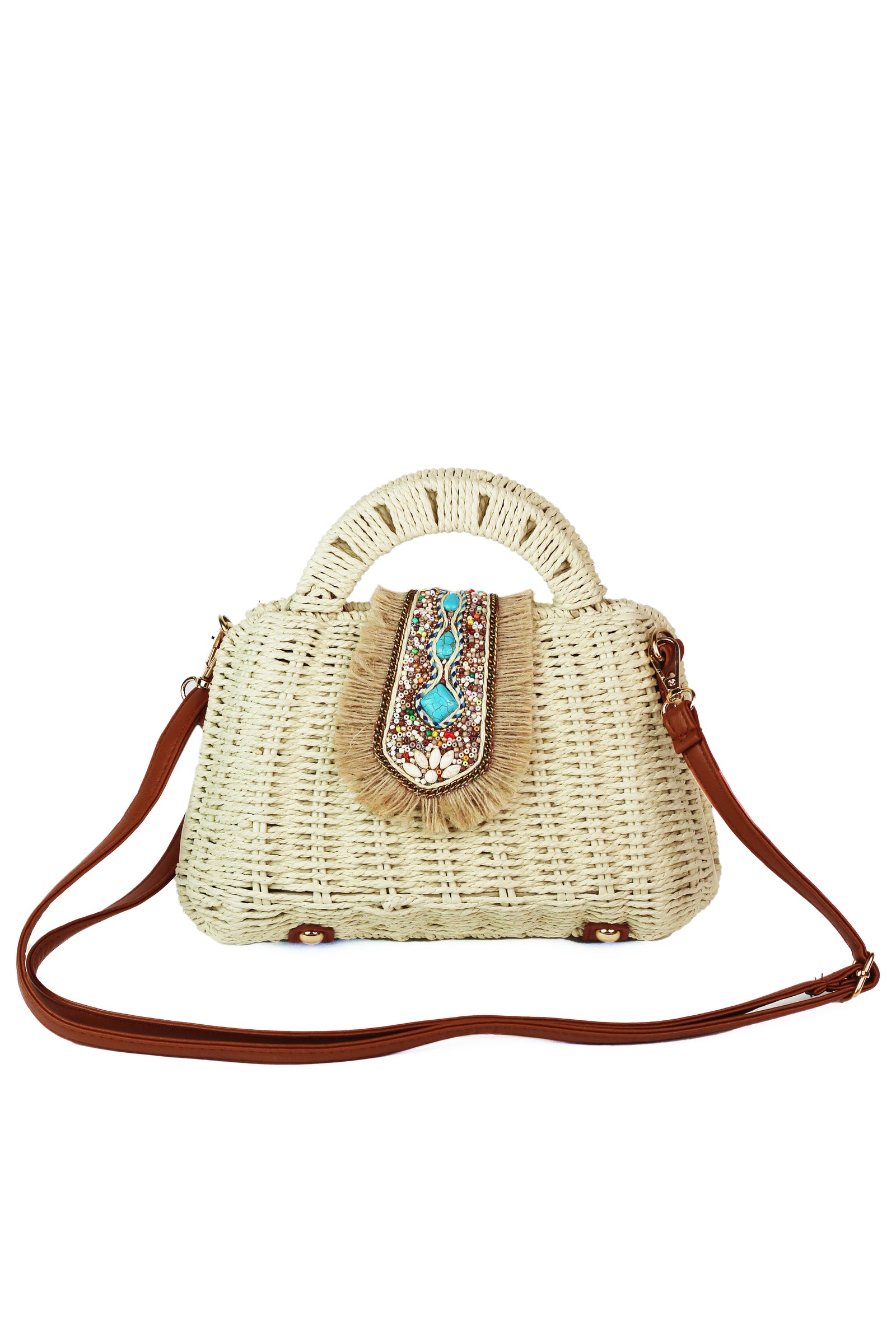 Boho Woven Straw Purse w/ Fringe & Bead Closure