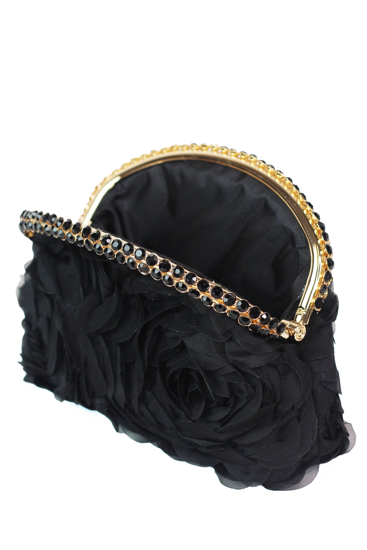 Floral 3D Fabric Clutch w/ Curved Rhinestone Closure