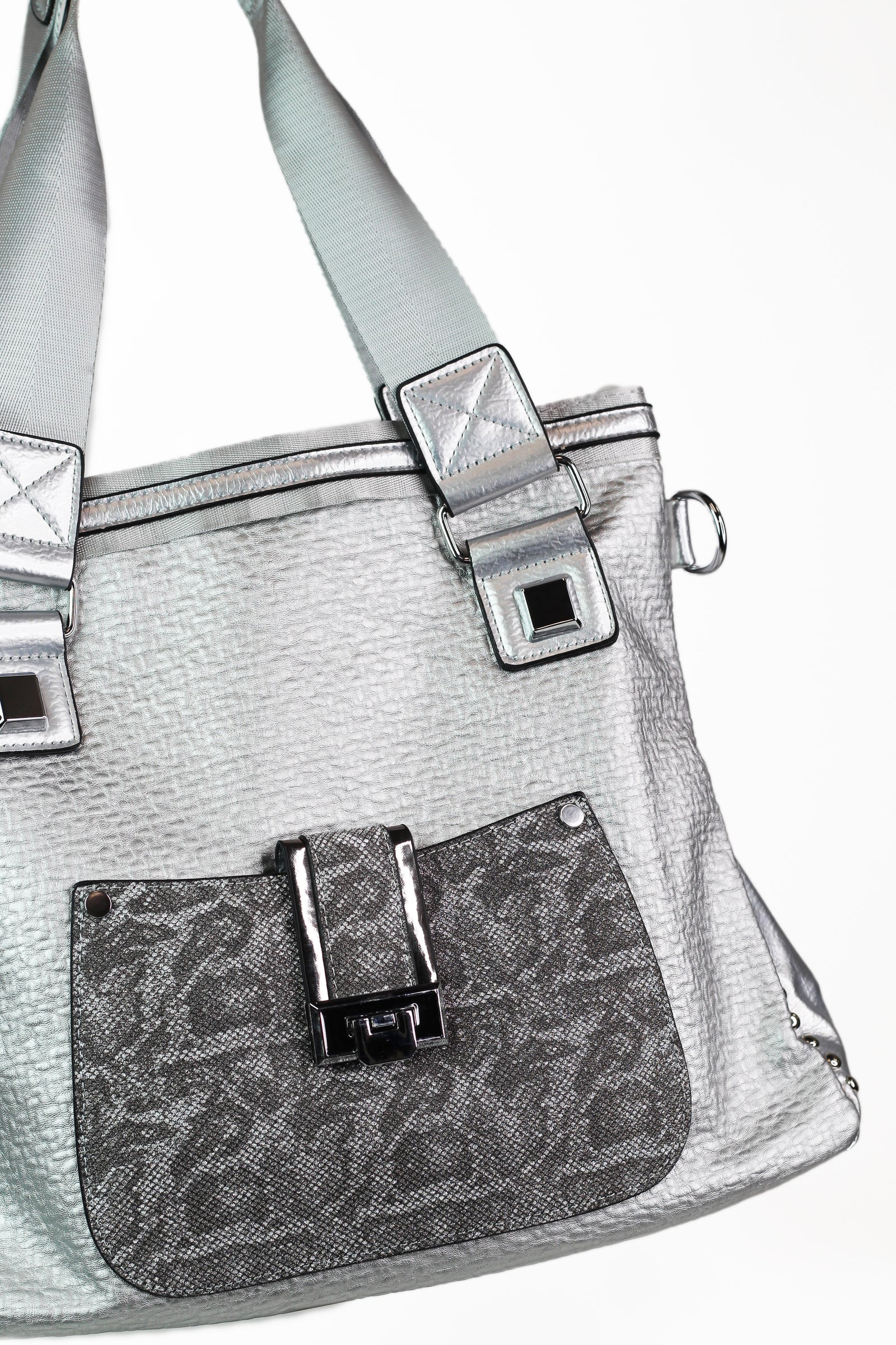 Textured Purse w/ Shimmer Snake Front Pocket & Nylon Straps