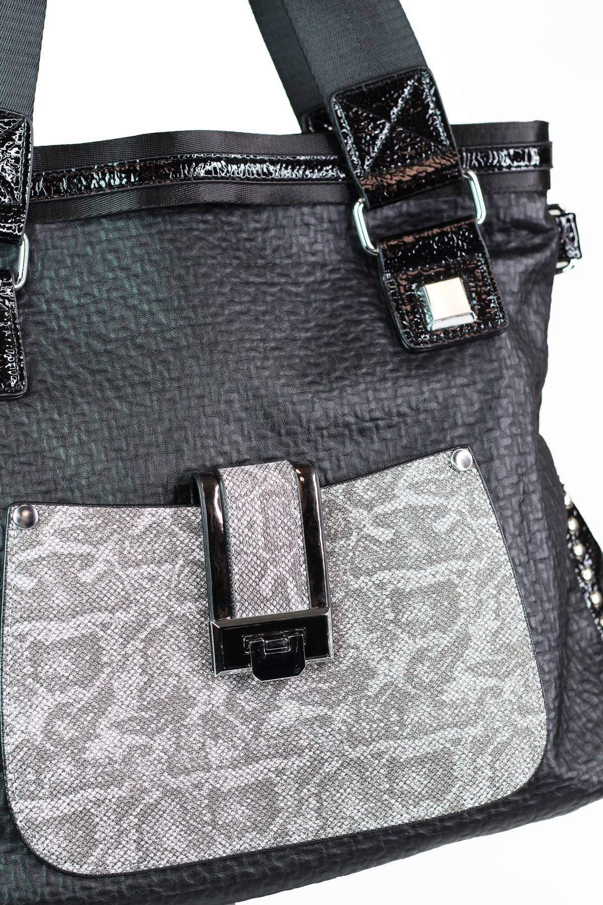 Textured Purse w/ Shimmer Snake Front Pocket & Nylon Straps