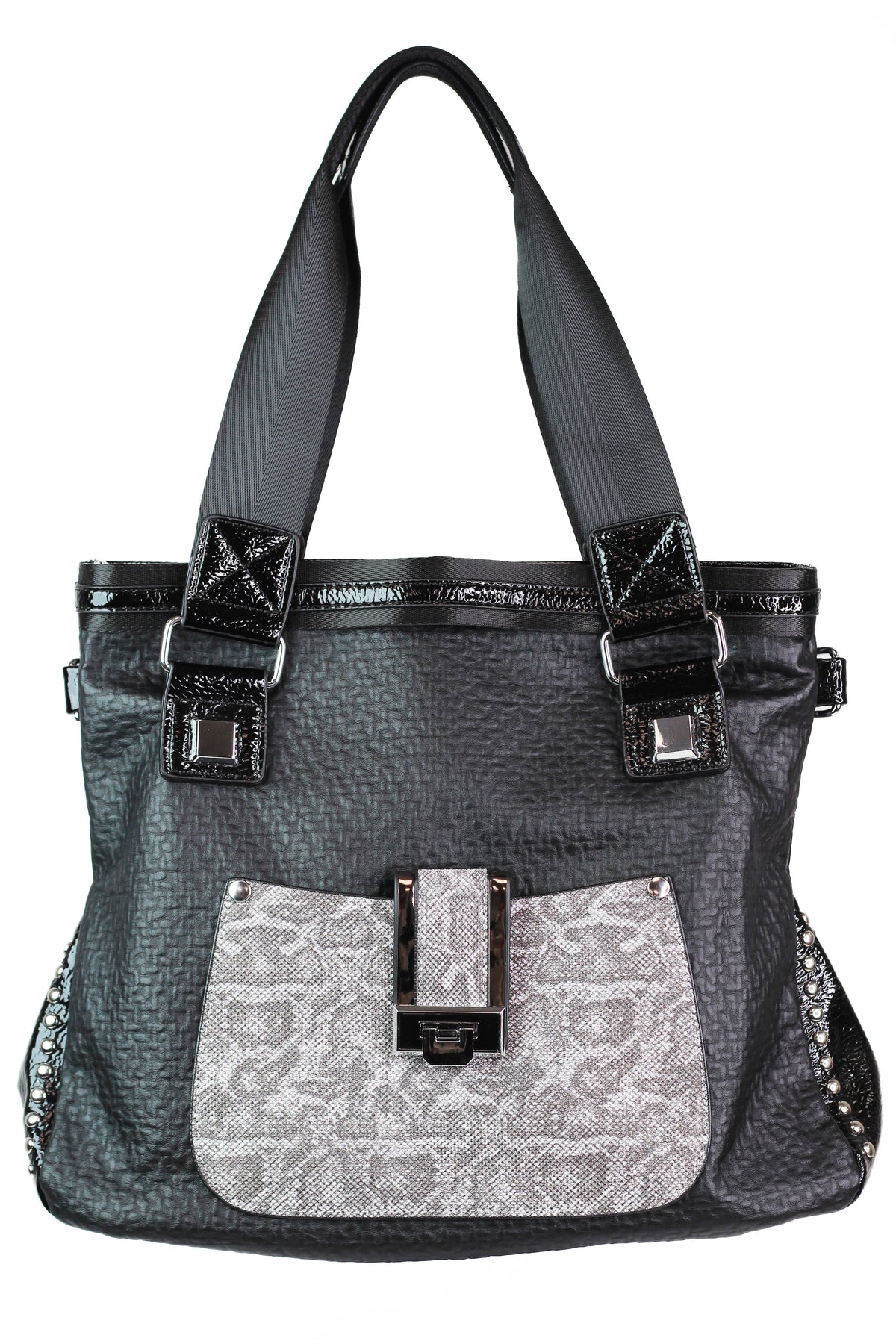 Textured Purse w/ Shimmer Snake Front Pocket & Nylon Straps