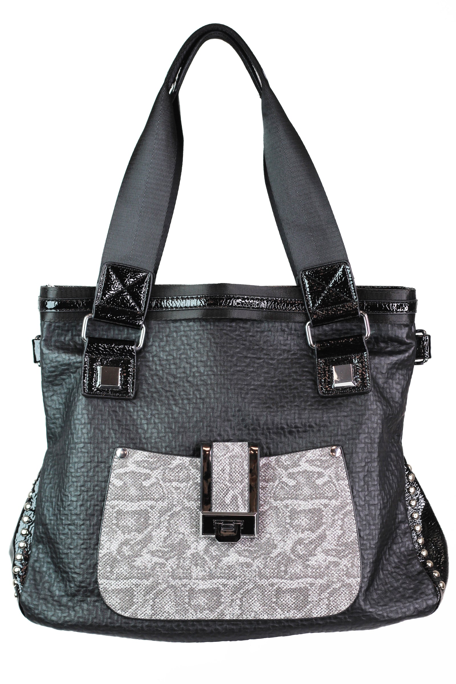 Textured Purse w/ Shimmer Snake Front Pocket & Nylon Straps