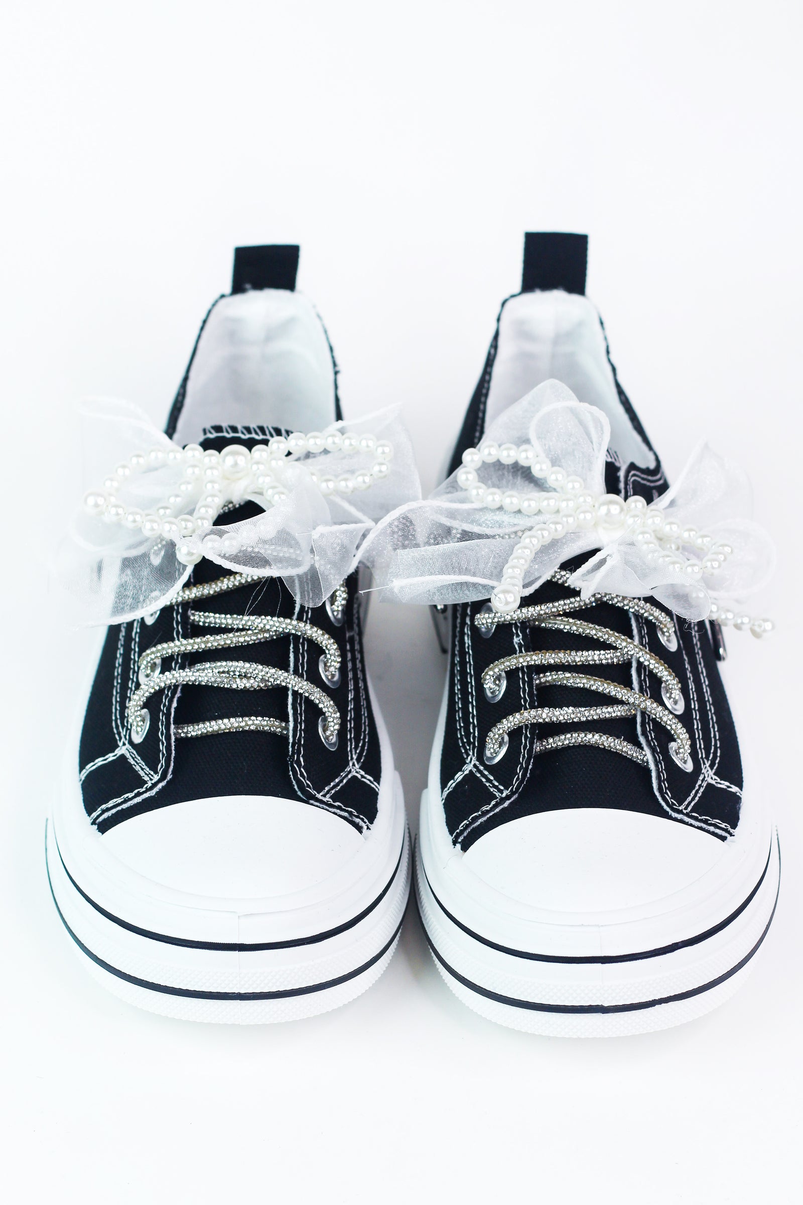 Canvas Sneakers w/ Rhinestone Shoe Laces & Pearl/Organza Bow