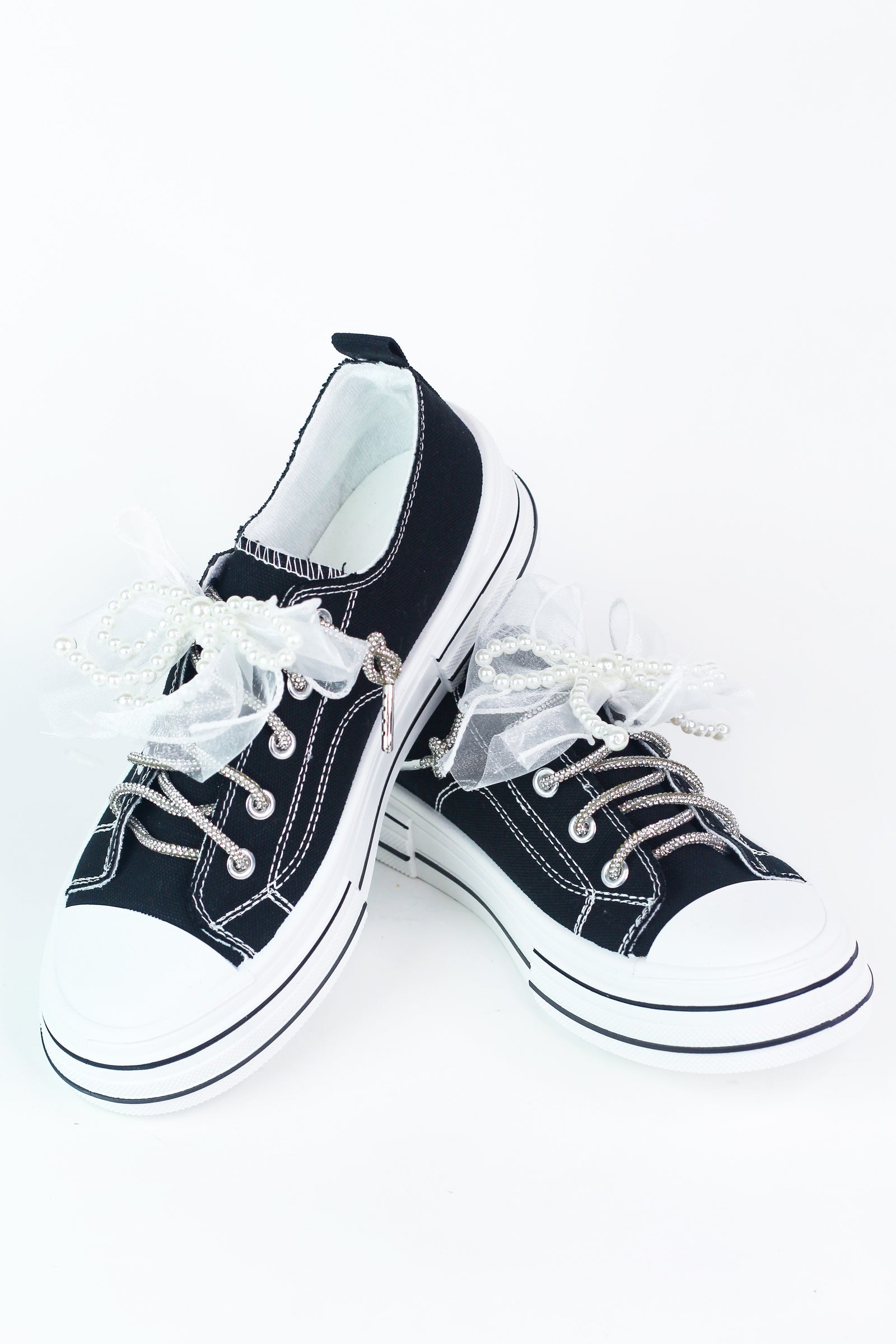 Canvas Sneakers w/ Rhinestone Shoe Laces & Pearl/Organza Bow