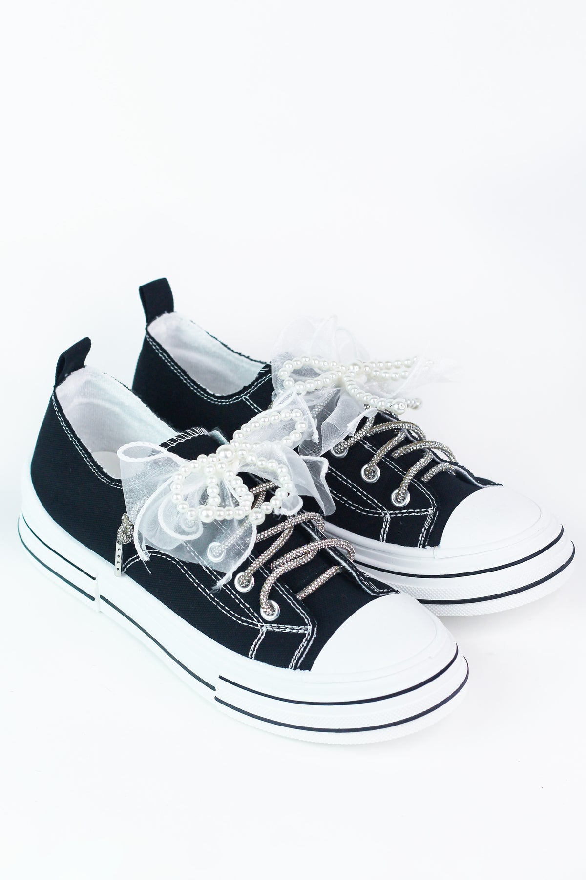 Canvas Sneakers w/ Rhinestone Shoe Laces & Pearl/Organza Bow