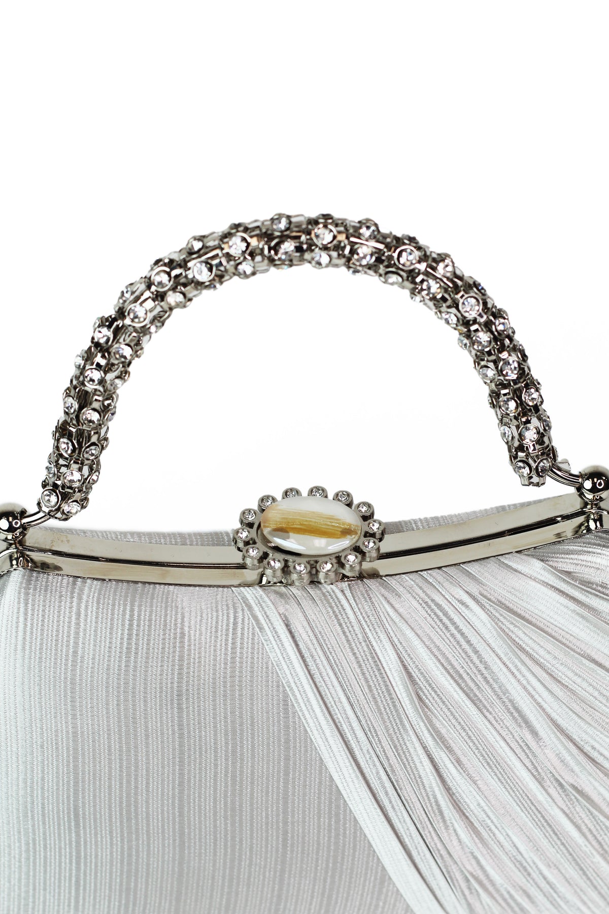 Pleated Satin Clutch w/ Rhinestone Handle & Closure