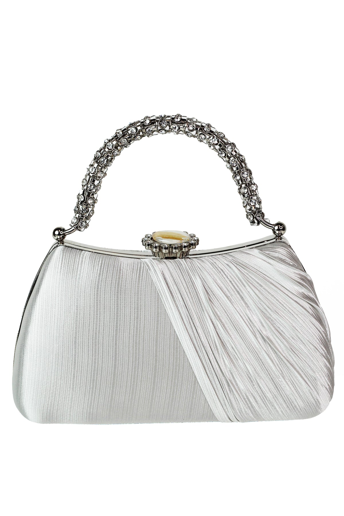 Pleated Satin Clutch w/ Rhinestone Handle & Closure