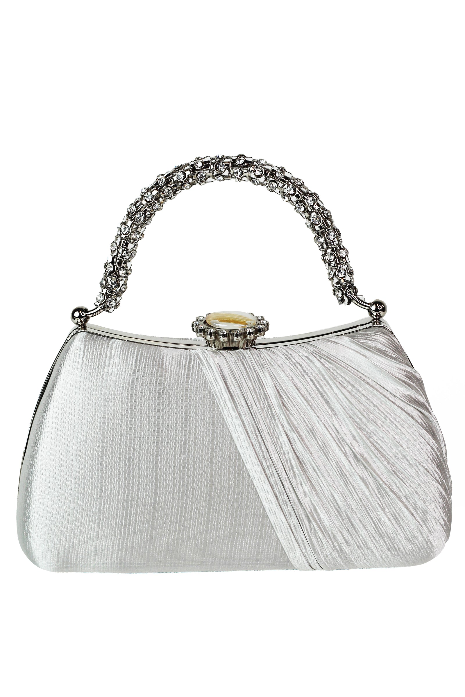 Pleated Satin Clutch w/ Rhinestone Handle & Closure