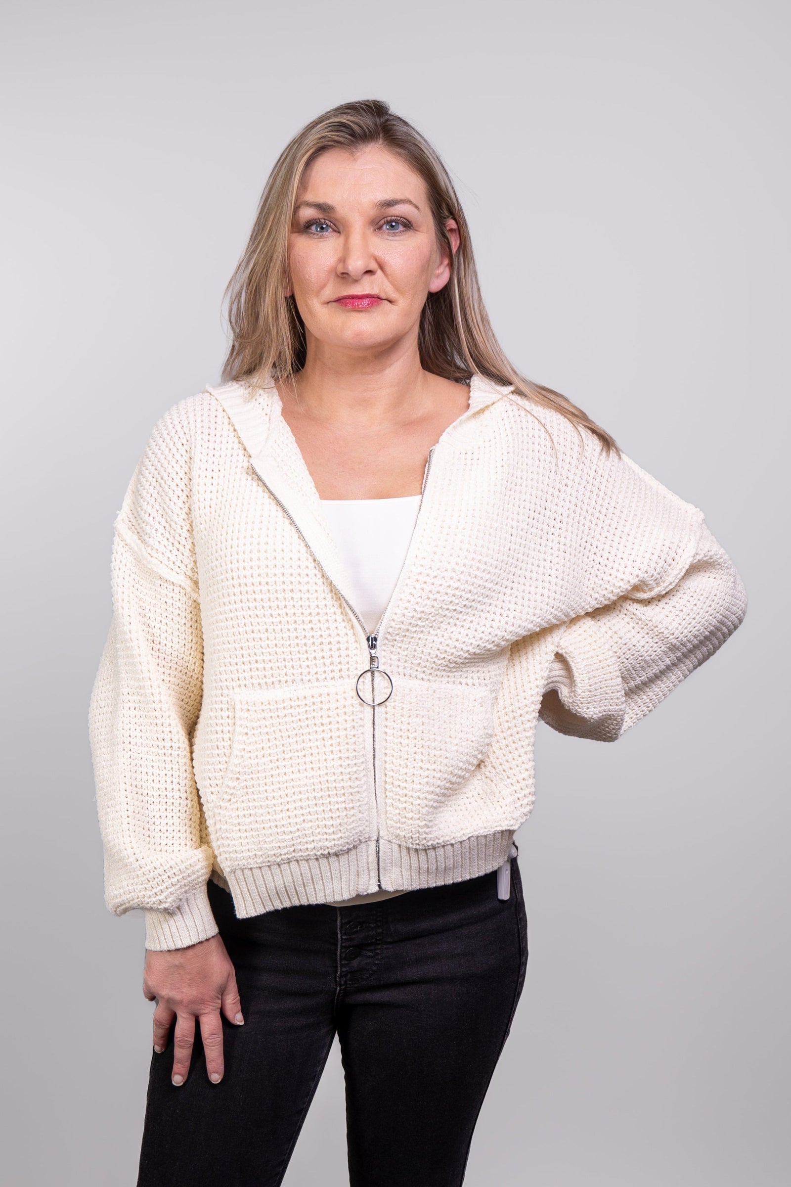 Textured Zipped Hoodie Sweater