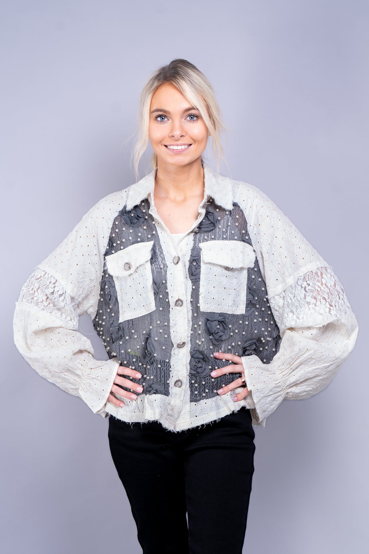 Patchwork Lace Shirt With Pearl Rhinestone and 3D Flowers