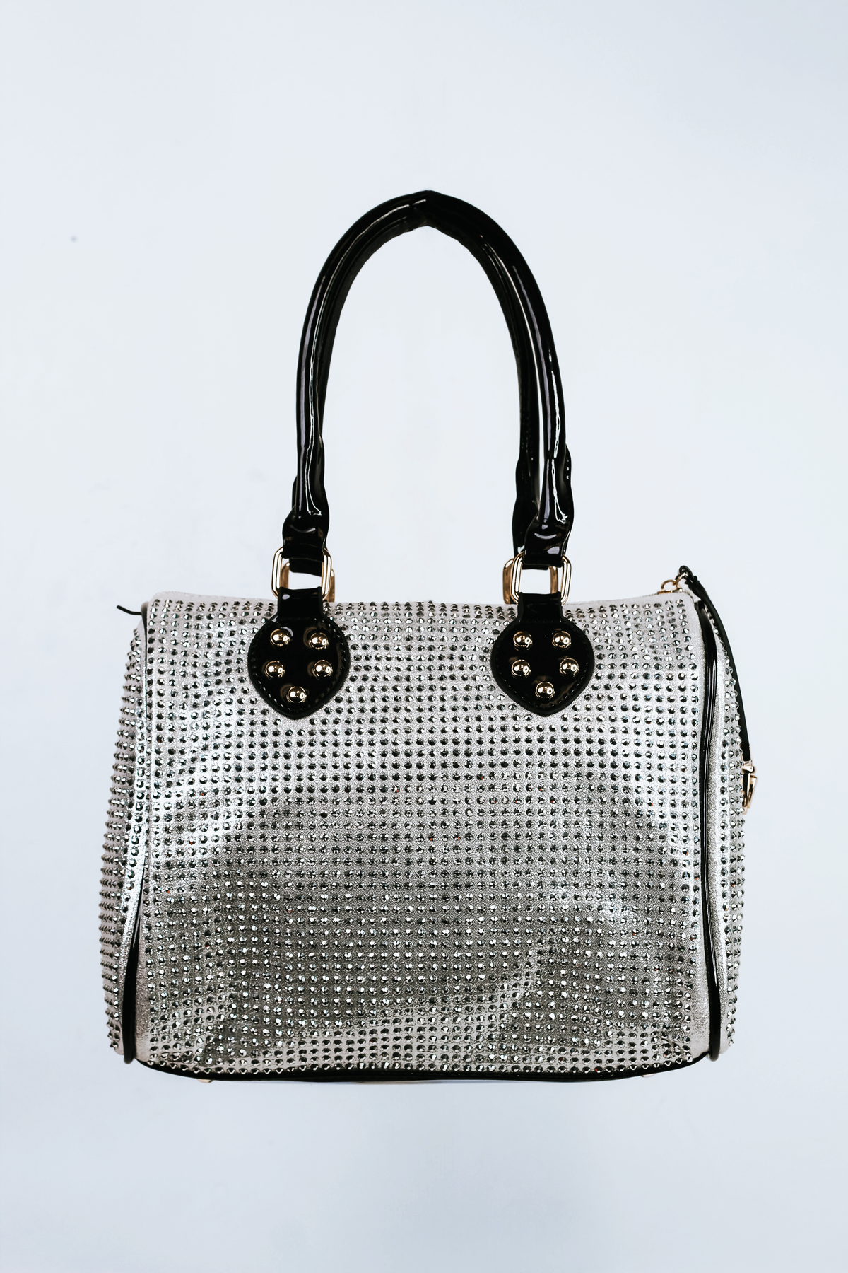 All Over Rhinestone Duffle Purse w/ Faux Patent Leather Accents