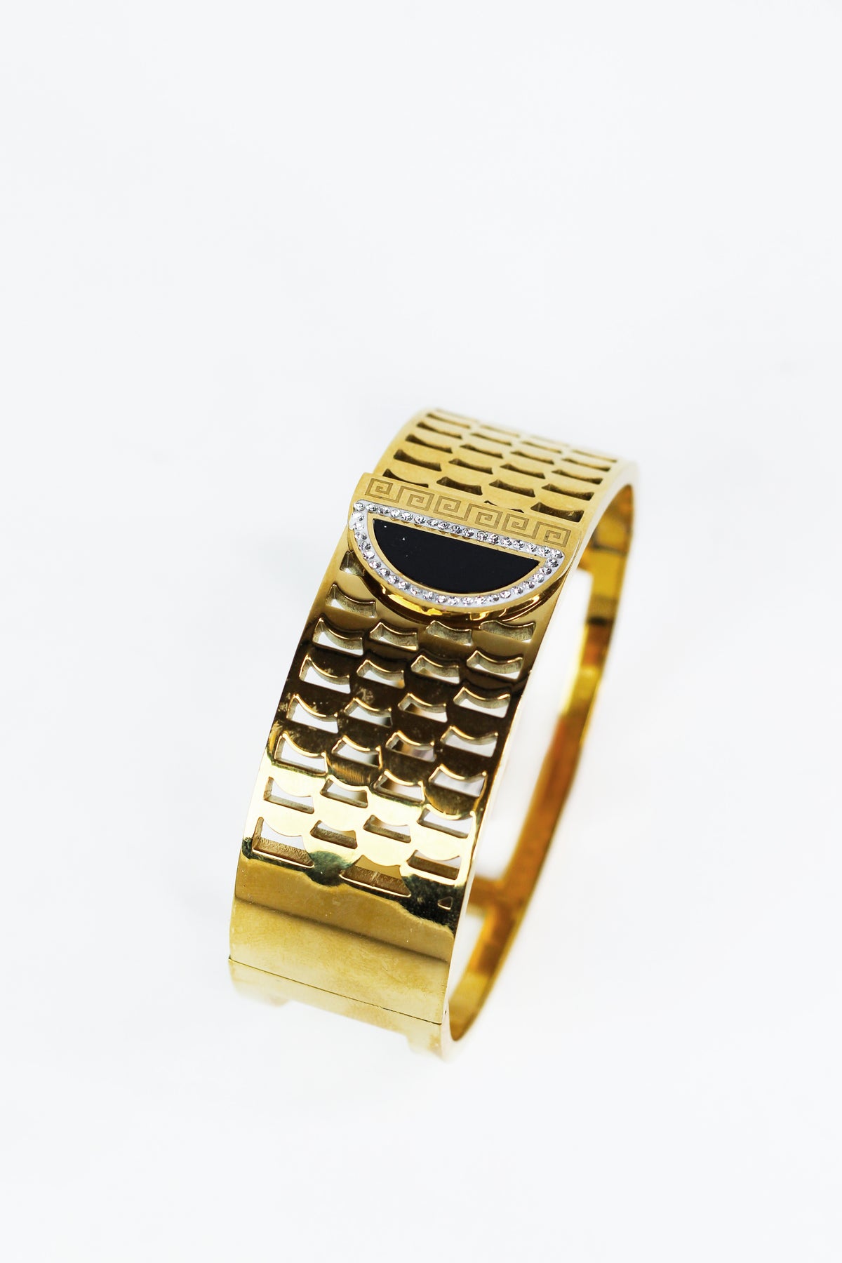 Textured Metal Bracelet With Rhinestone and Jewel Center