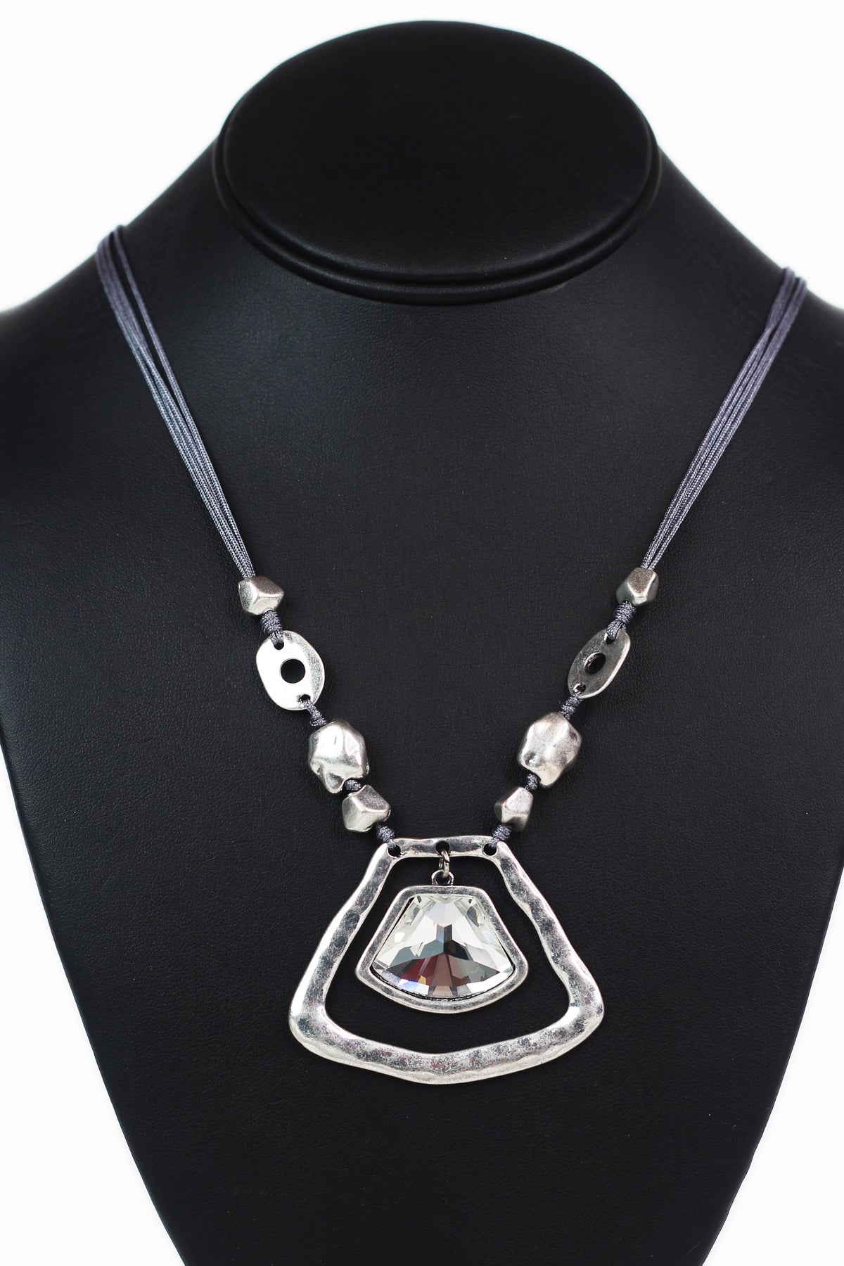 Cord Strand Necklace w/ Matte Metal Beads and Gemstone Centerpiece