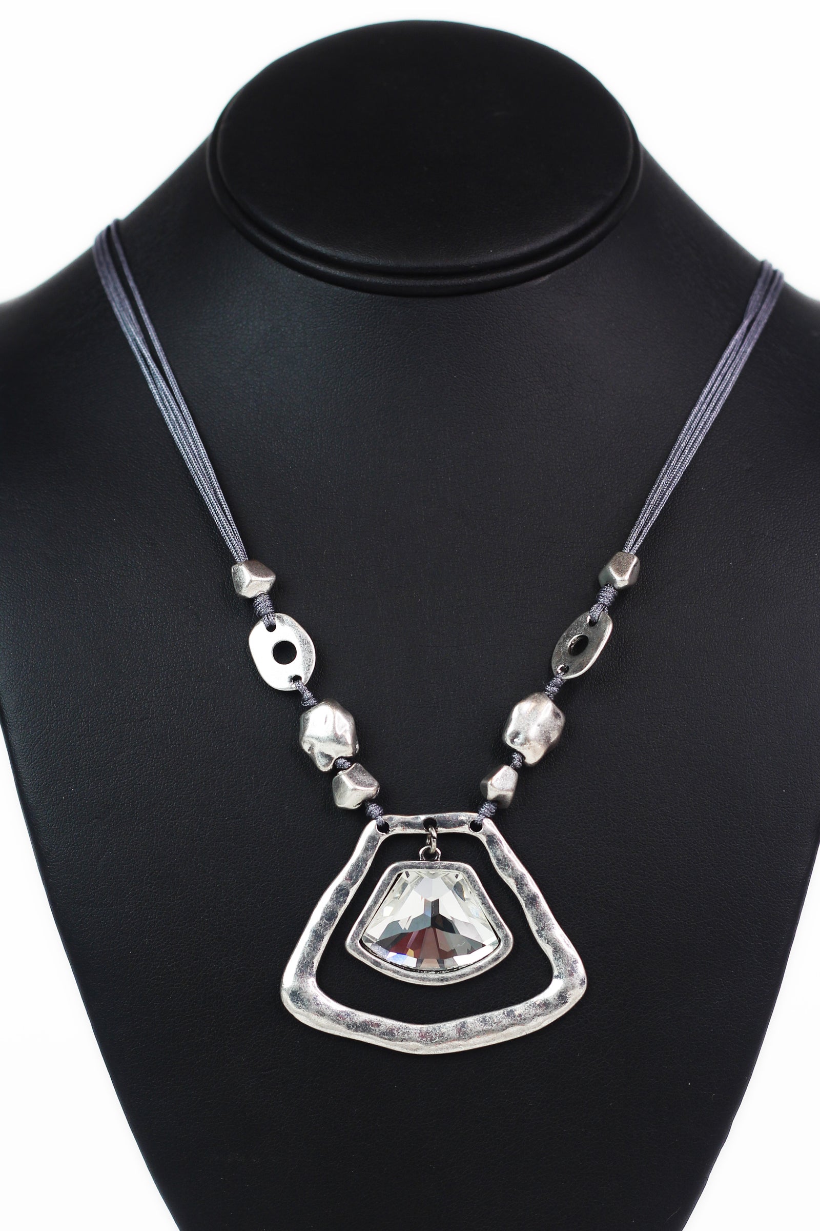 Cord Strand Necklace w/ Matte Metal Beads and Gemstone Centerpiece