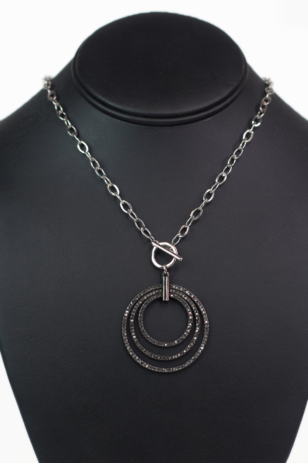Chain Necklace w/ Toggle and Triple Circle Pave Rhinestone Pendant