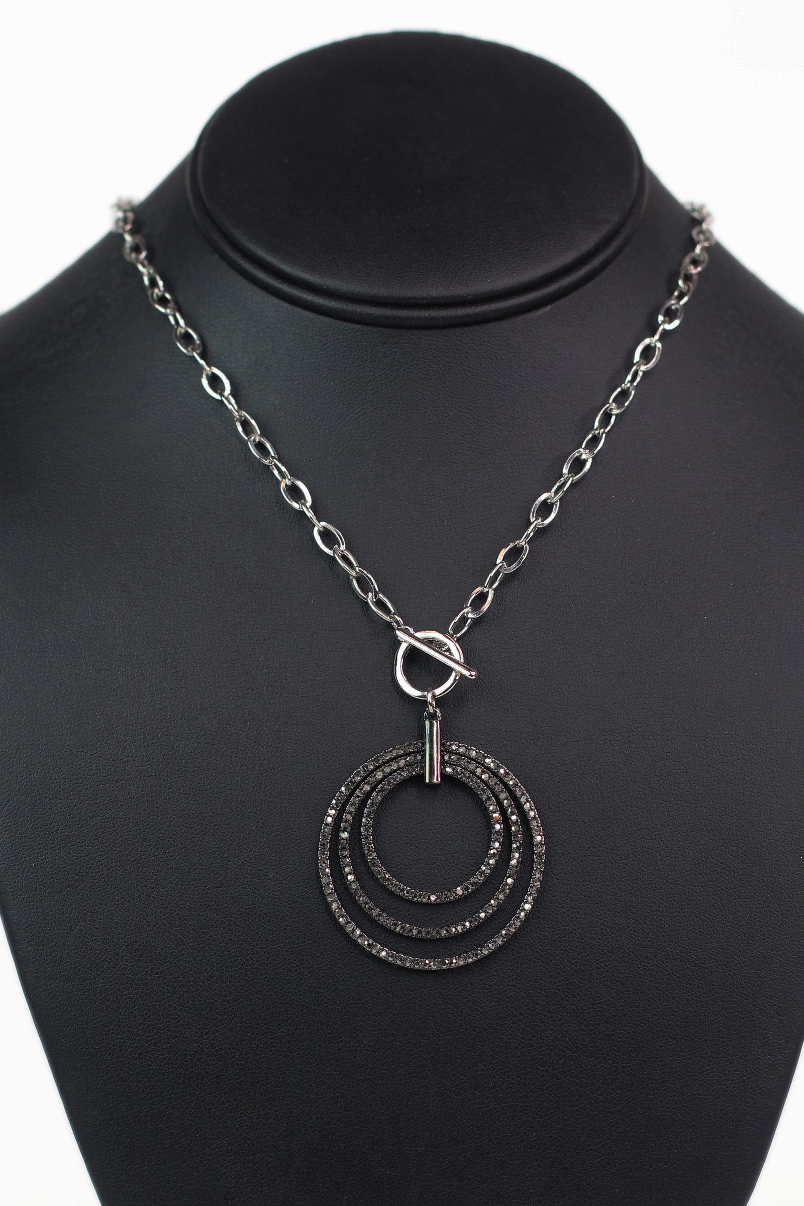 Chain Necklace w/ Toggle and Triple Circle Pave Rhinestone Pendant
