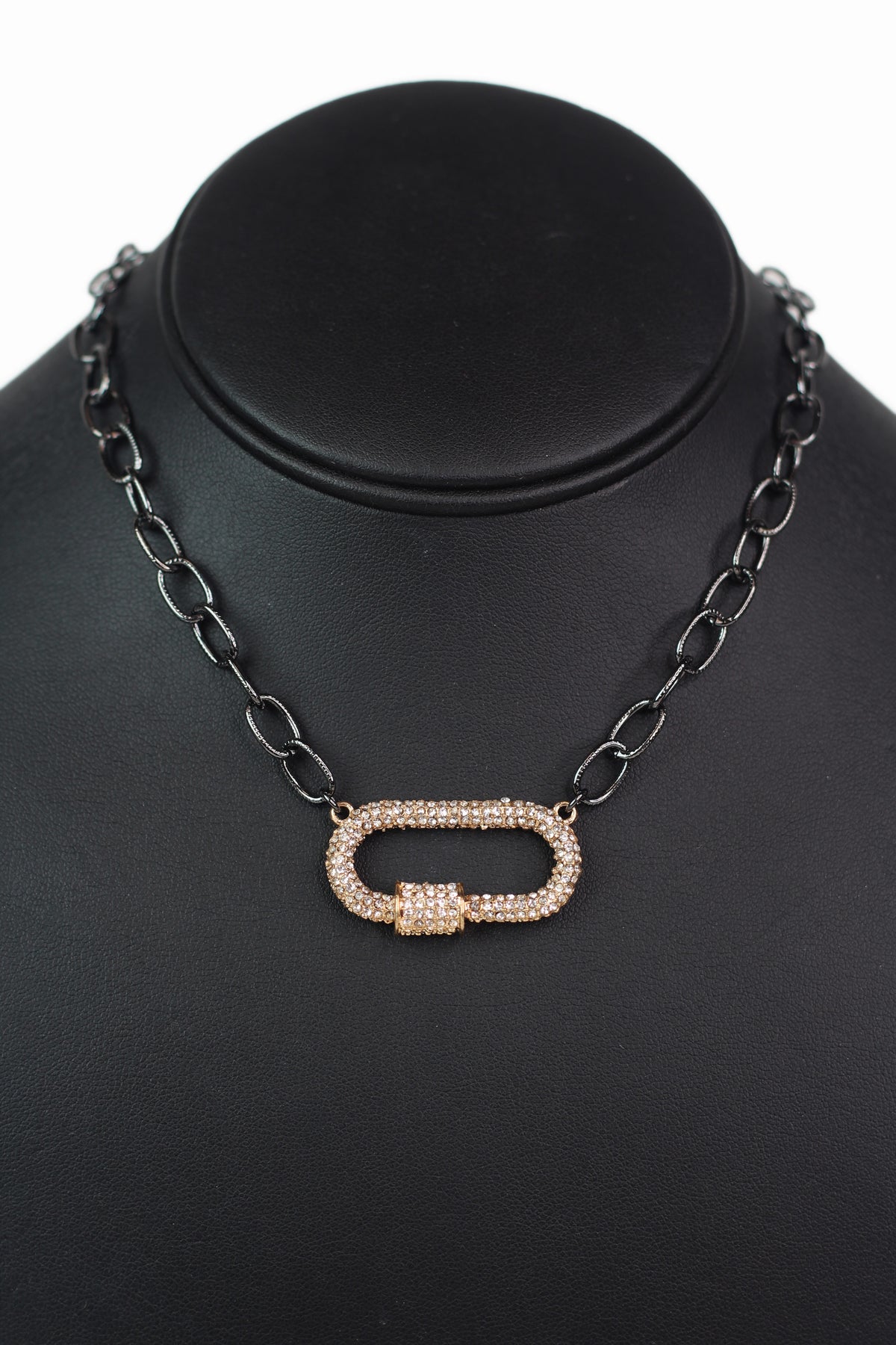 Chain Link Necklace w/ Pave Rhinestone Oval Pendant