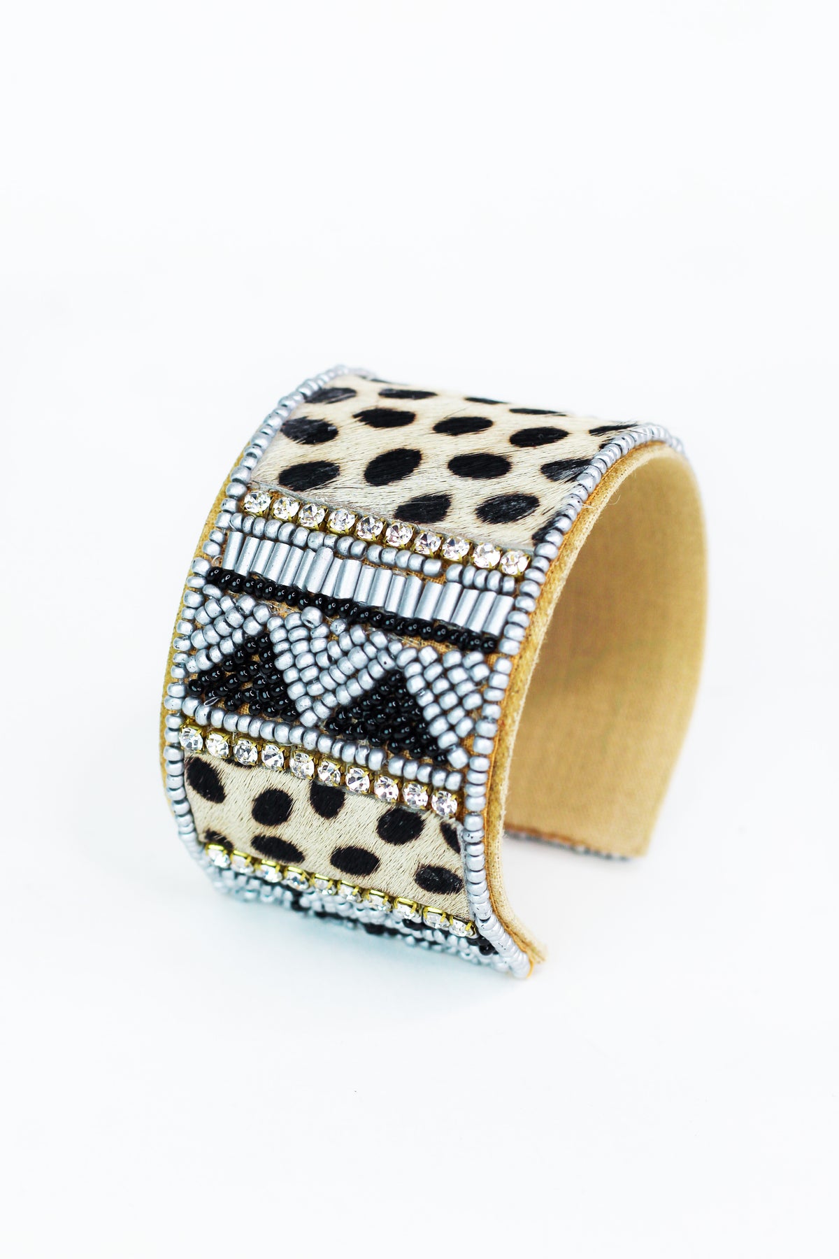Cowhide, Rhinestone &amp; Pattern Beaded Cuff