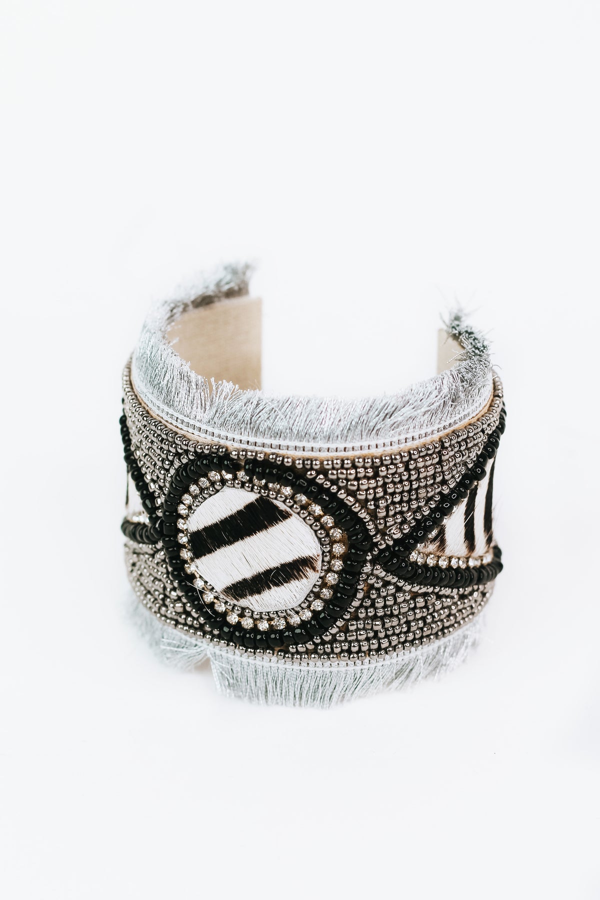 Teardrop &amp; Circle Cowhide Beaded Cuff w/ Fringe (SALE)