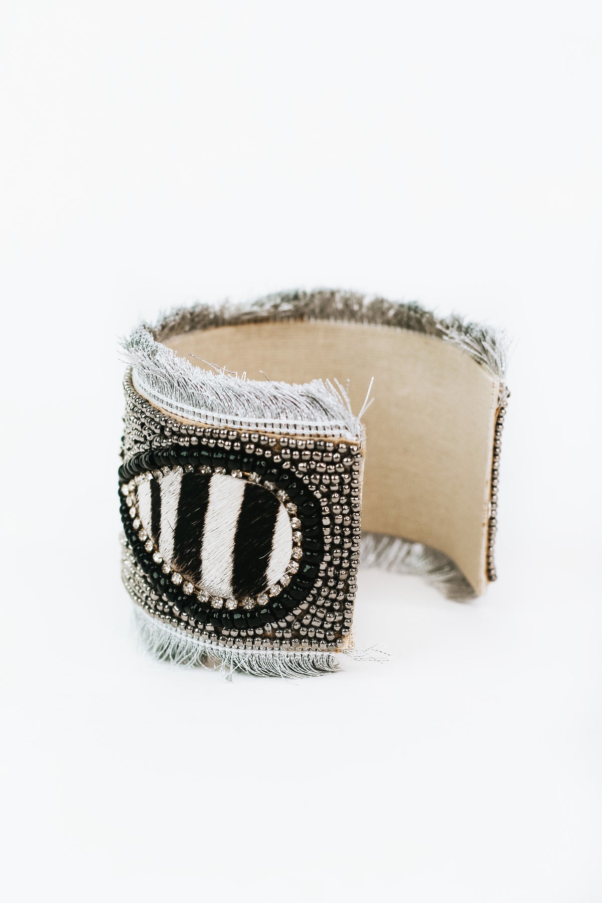 Teardrop & Circle Cowhide Beaded Cuff w/ Fringe (SALE)