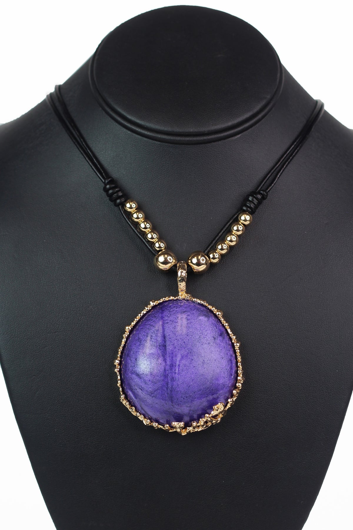 Leather Cord and Bead Necklace w/ Large Gemstone Pendant
