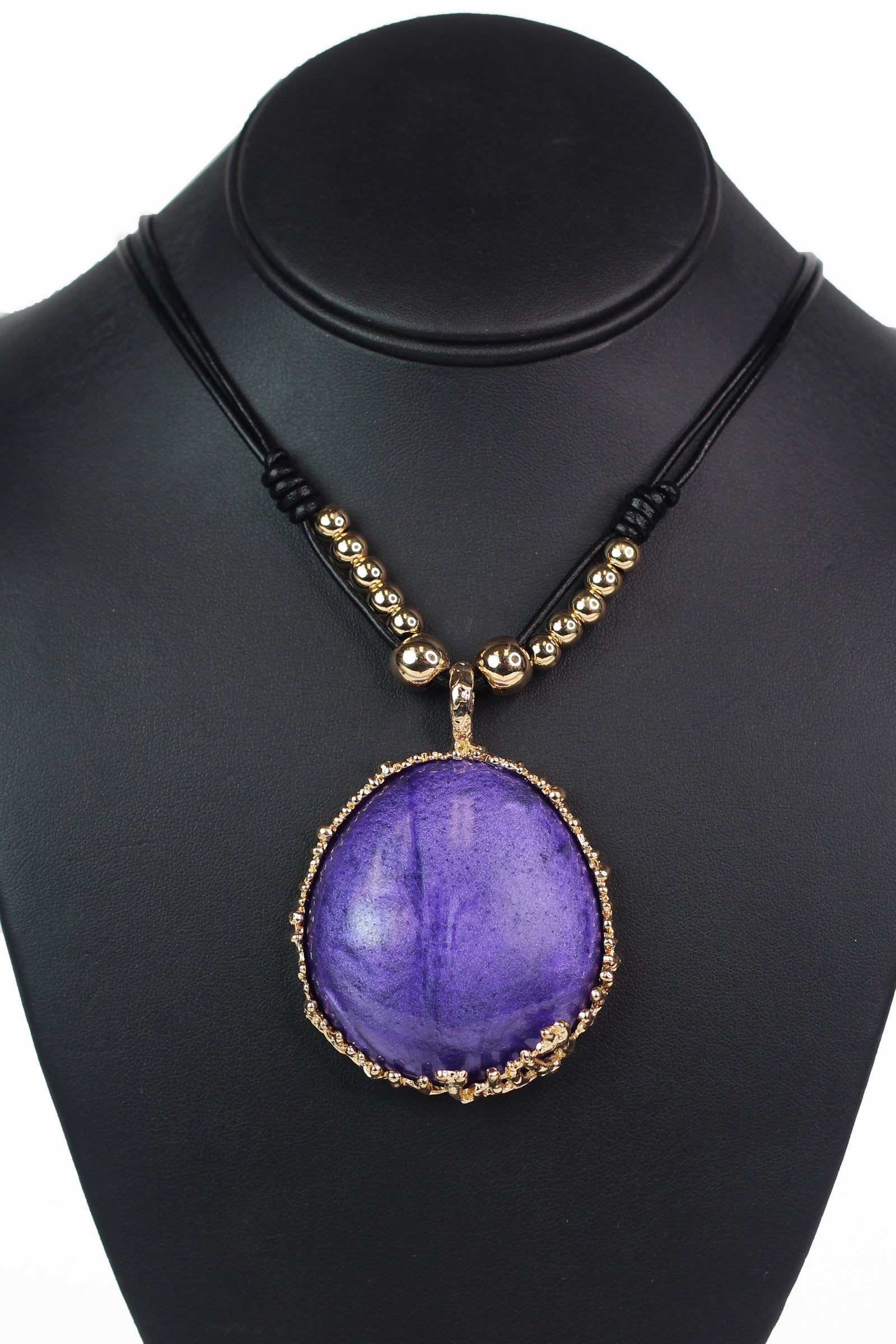 Leather Cord and Bead Necklace w/ Large Gemstone Pendant