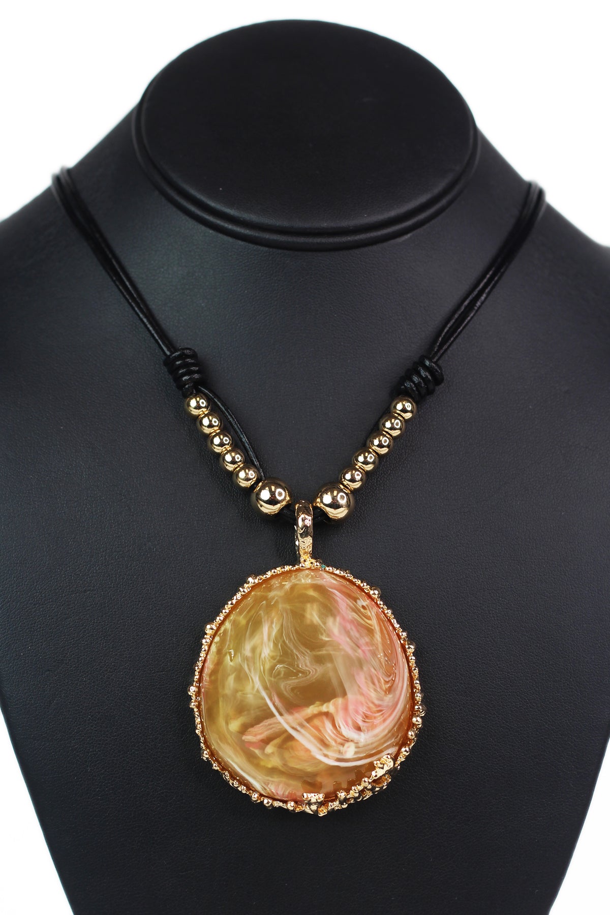 Leather Cord and Bead Necklace w/ Large Gemstone Pendant