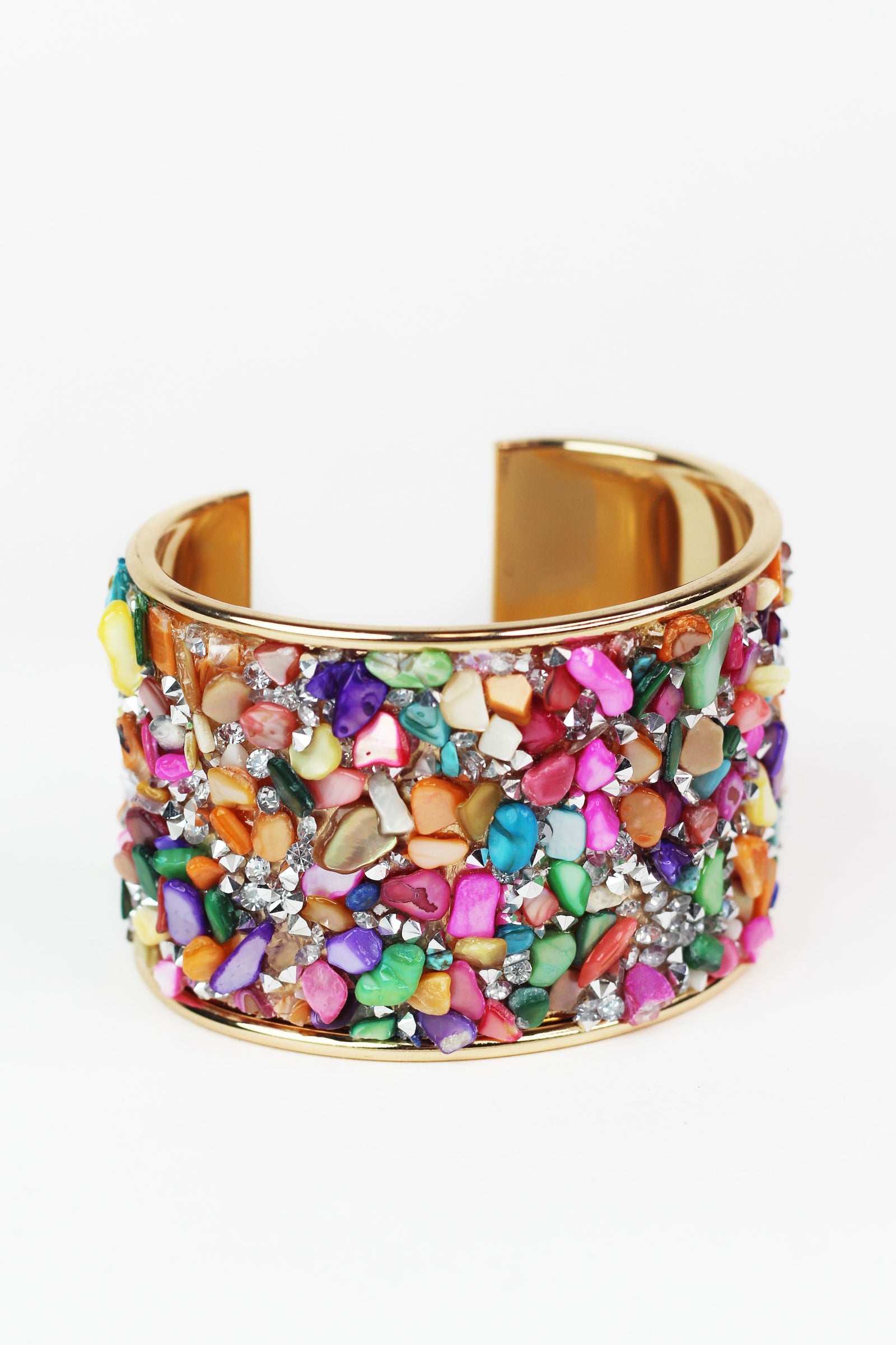 Rhinestone & Multicolor Chips Wide Cuff Bracelet